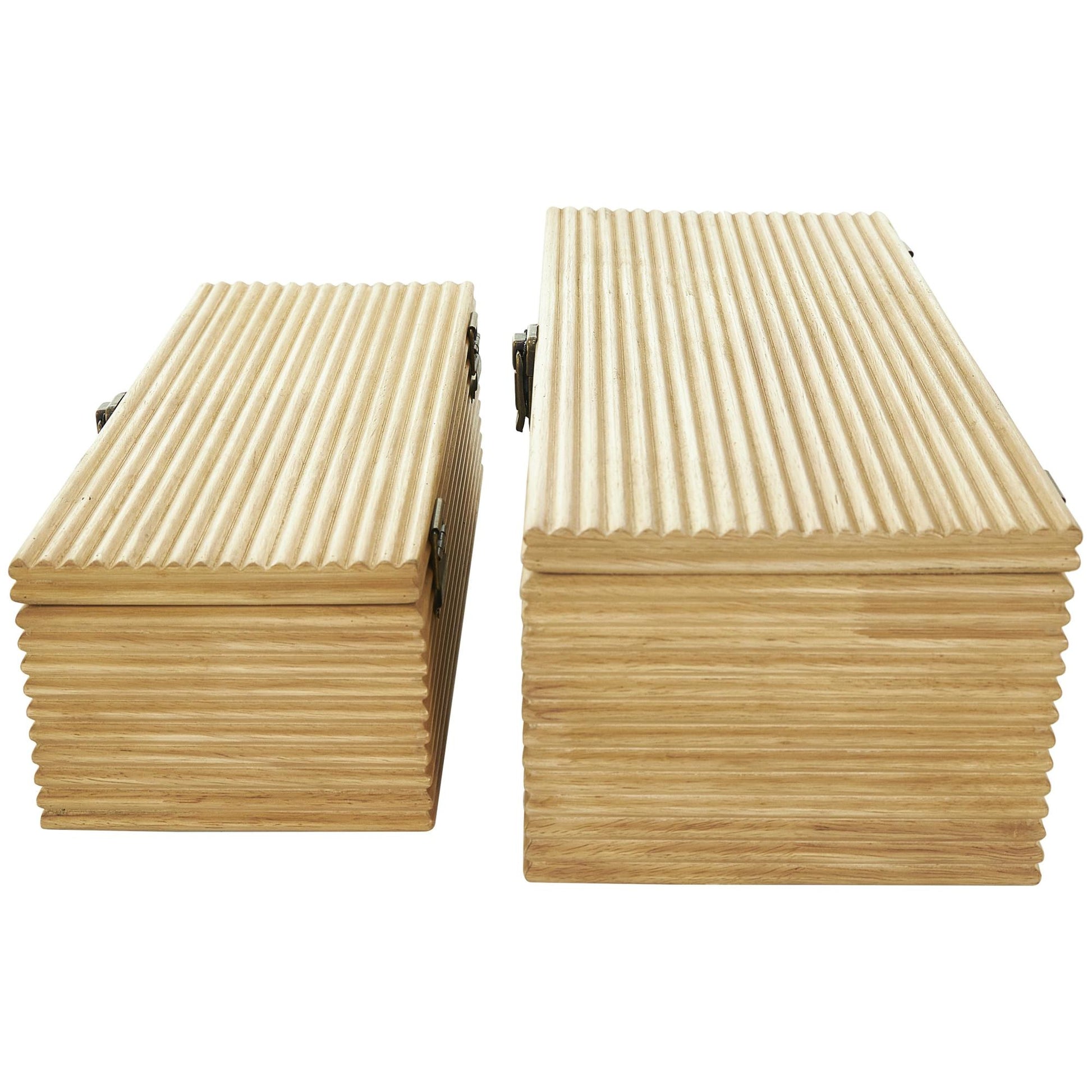 Set of 2 Light Brown Wood Carved Linear Decorative Box