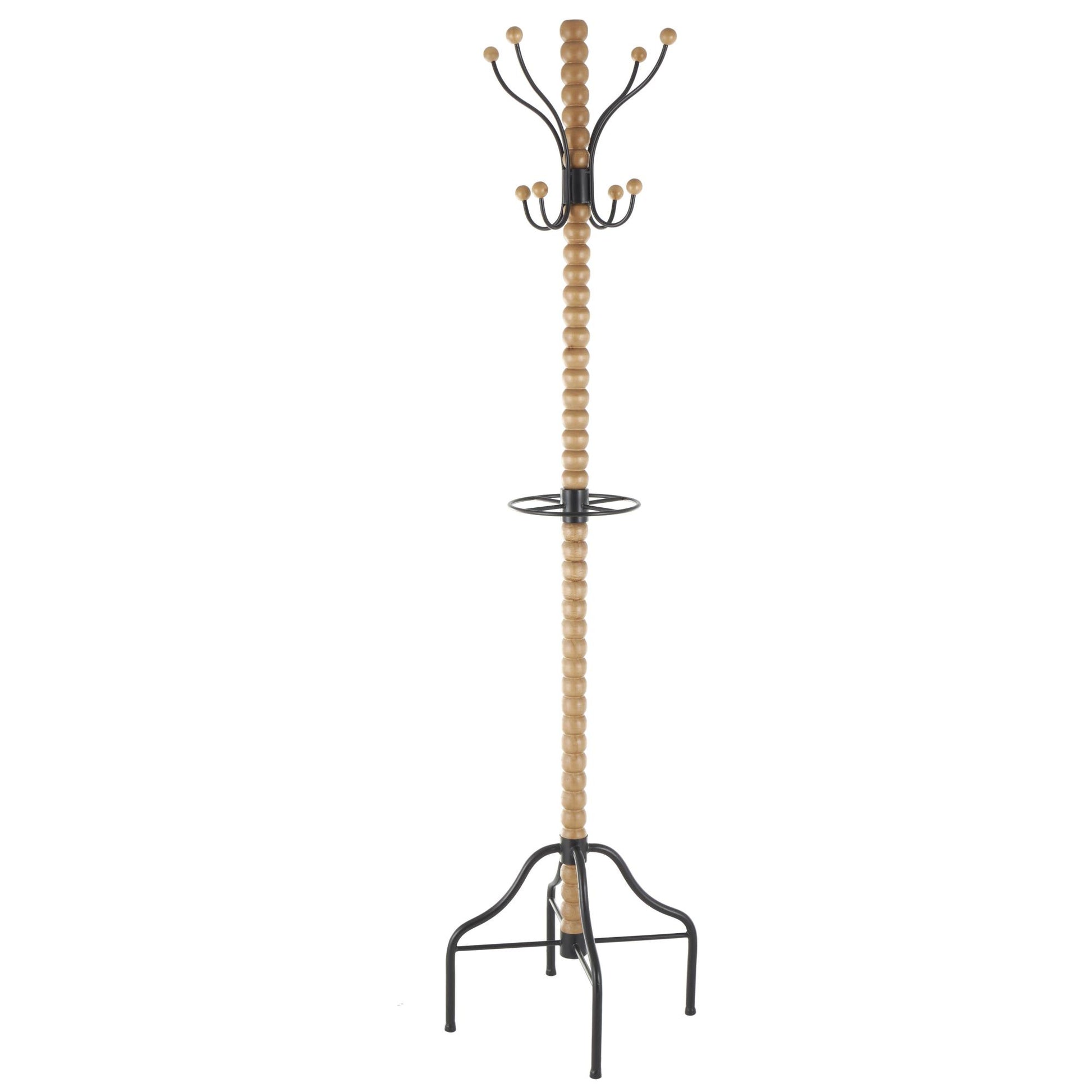 Brown Wood Spindle 8 Hook Freestanding Coat Rack with Black Metal Accents and Beaded Ends