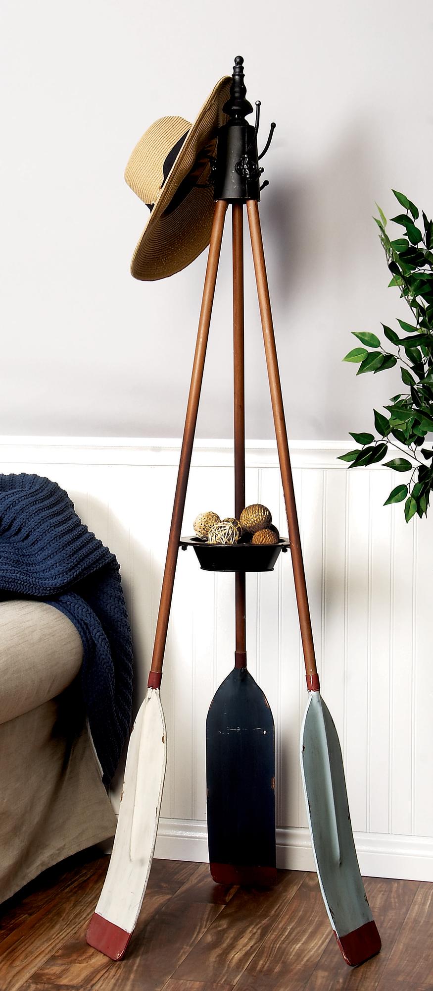 Paddle Blue Metal Oar 3 Hook Freestanding Coat Rack with Wooden Poles and Storage Tray