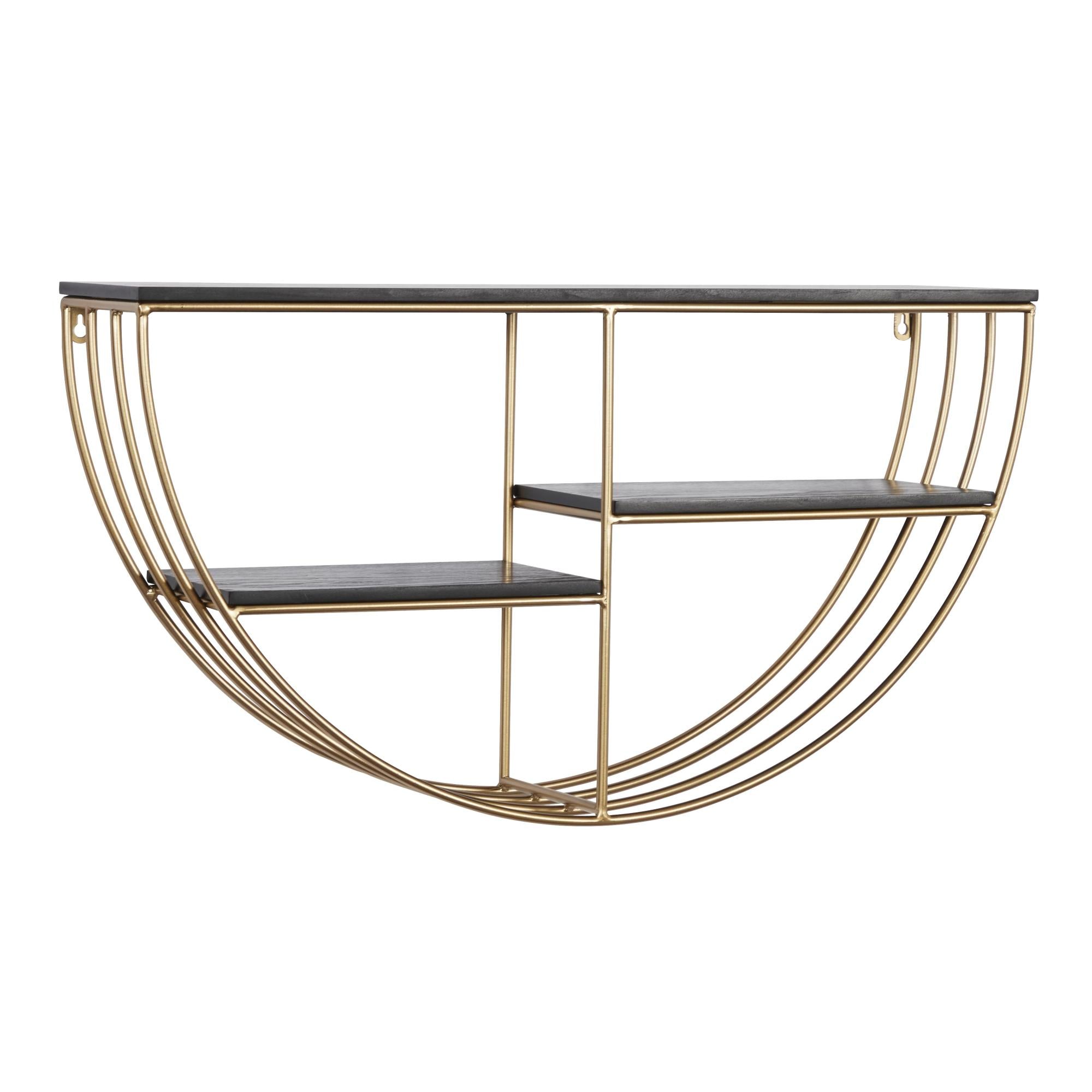 Gold Wooden 3 Shelves Room Wall Shelf with Half Moon Shape