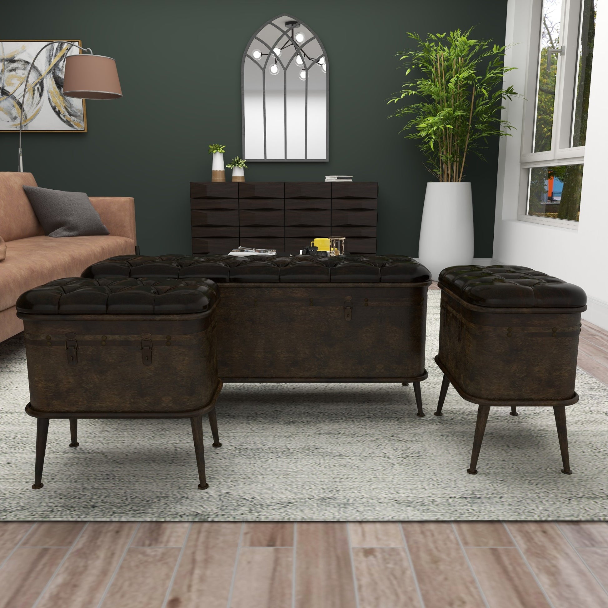 Set of 3 Bronze Metal Weathered Room Storage Bench with Dark Brown Tufted Faux Leather