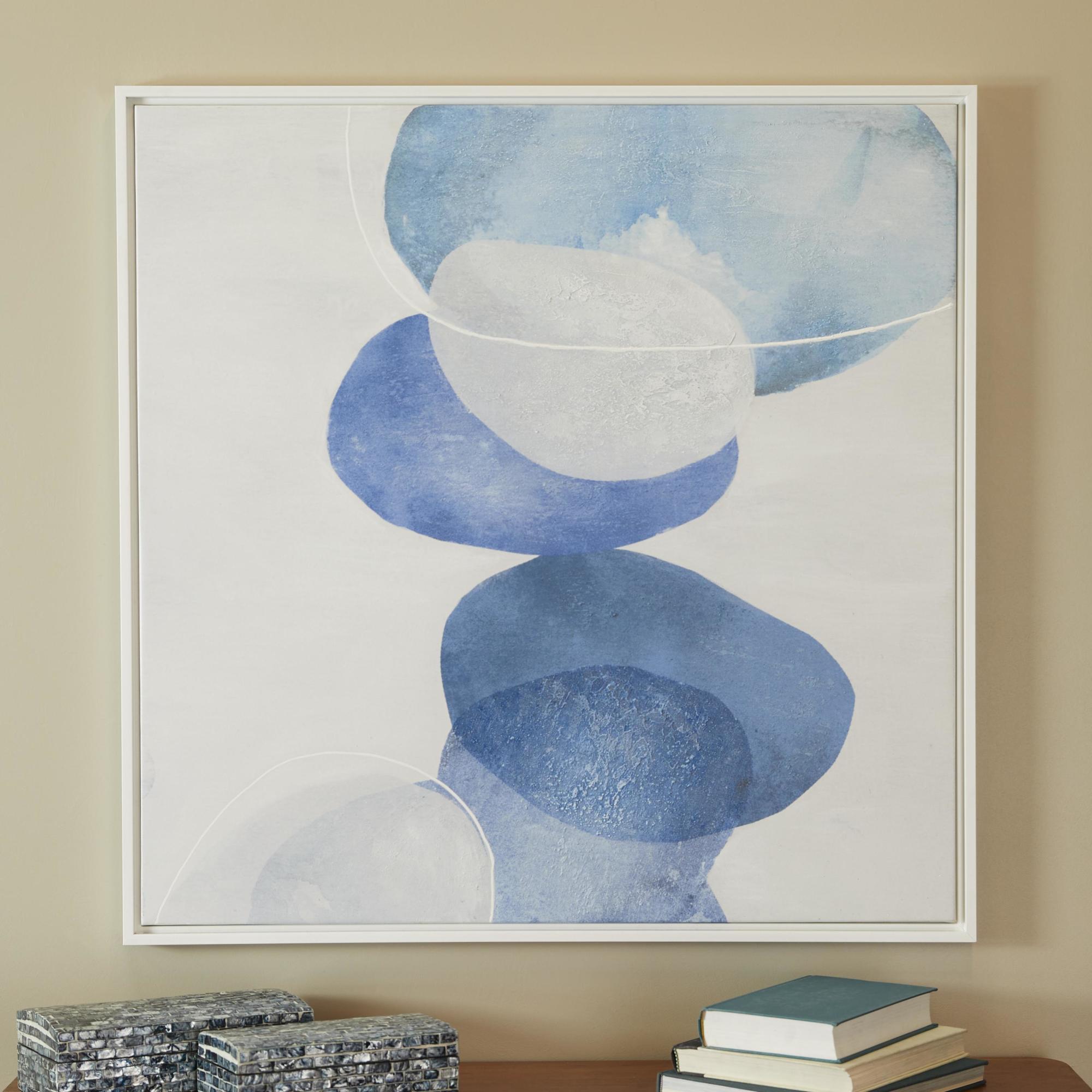 Abstract Blue Canvas Textured Overlapping Circle Living Room Framed Wall Art with White Accents
