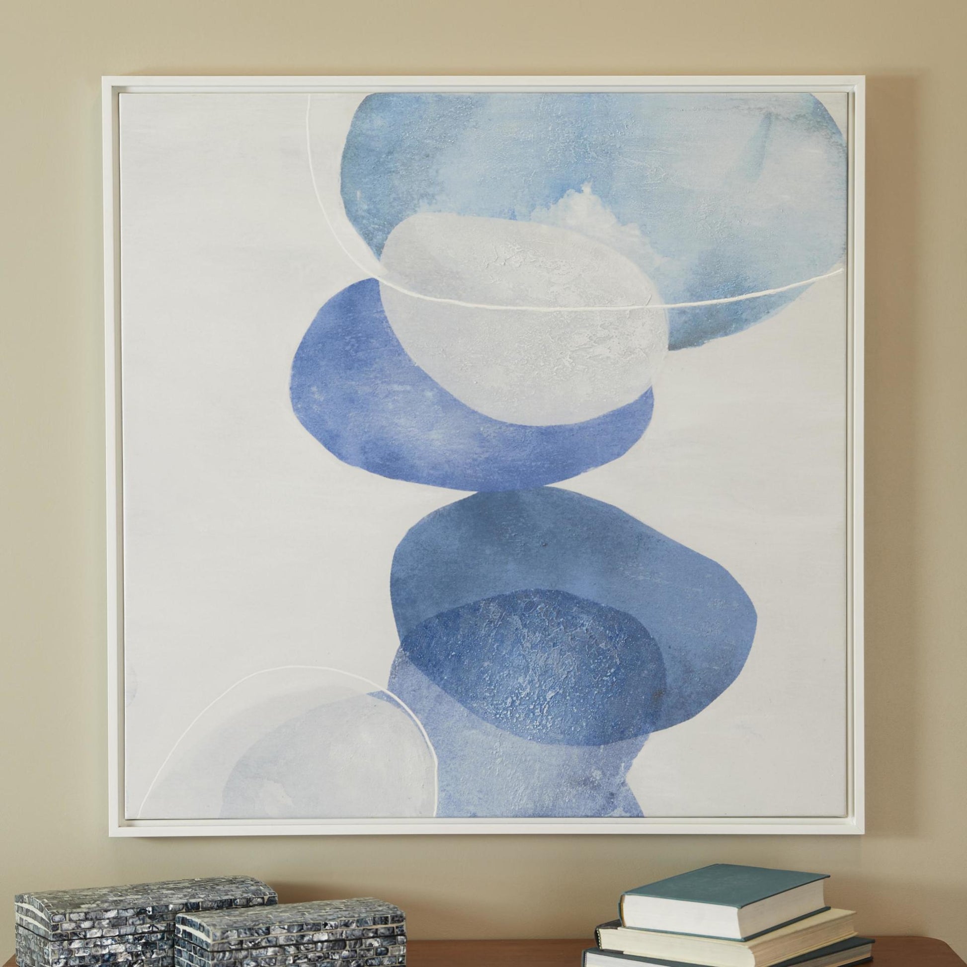 Abstract Blue Canvas Textured Overlapping Circle Living Room Framed Wall Art with White Accents