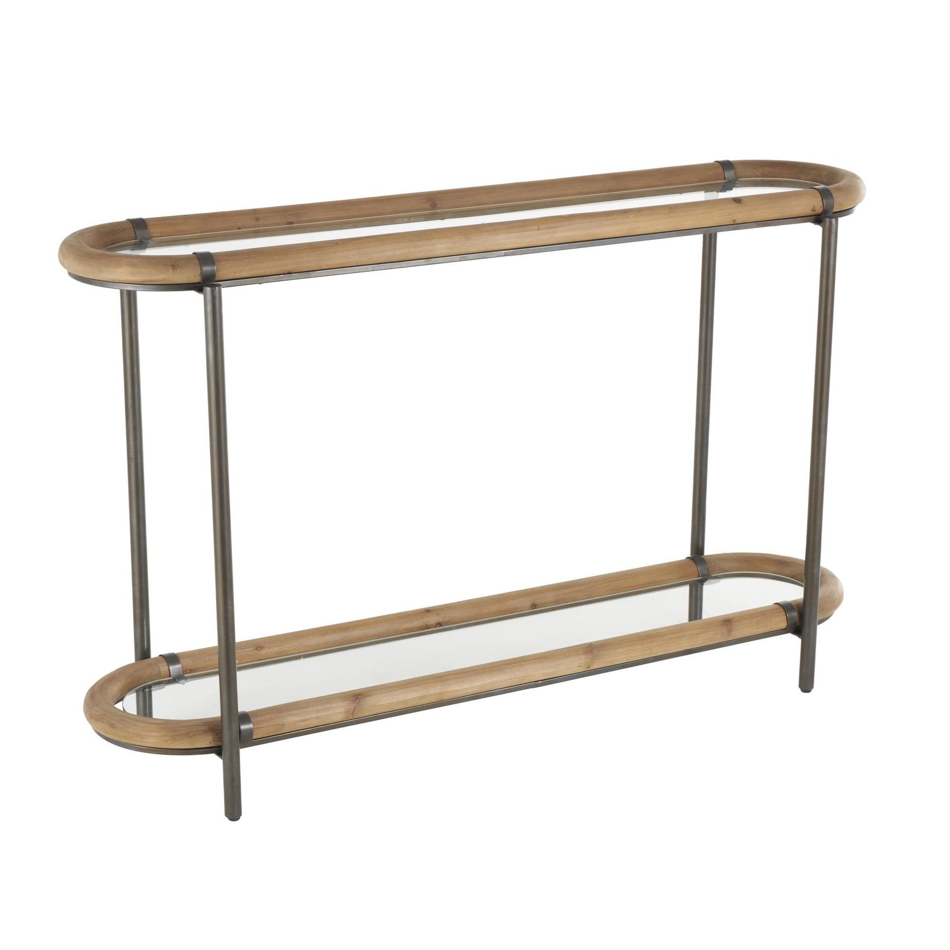 Brass Metal Oval Living Room Console Table with Brown Wooden Framed Glass Tabletop