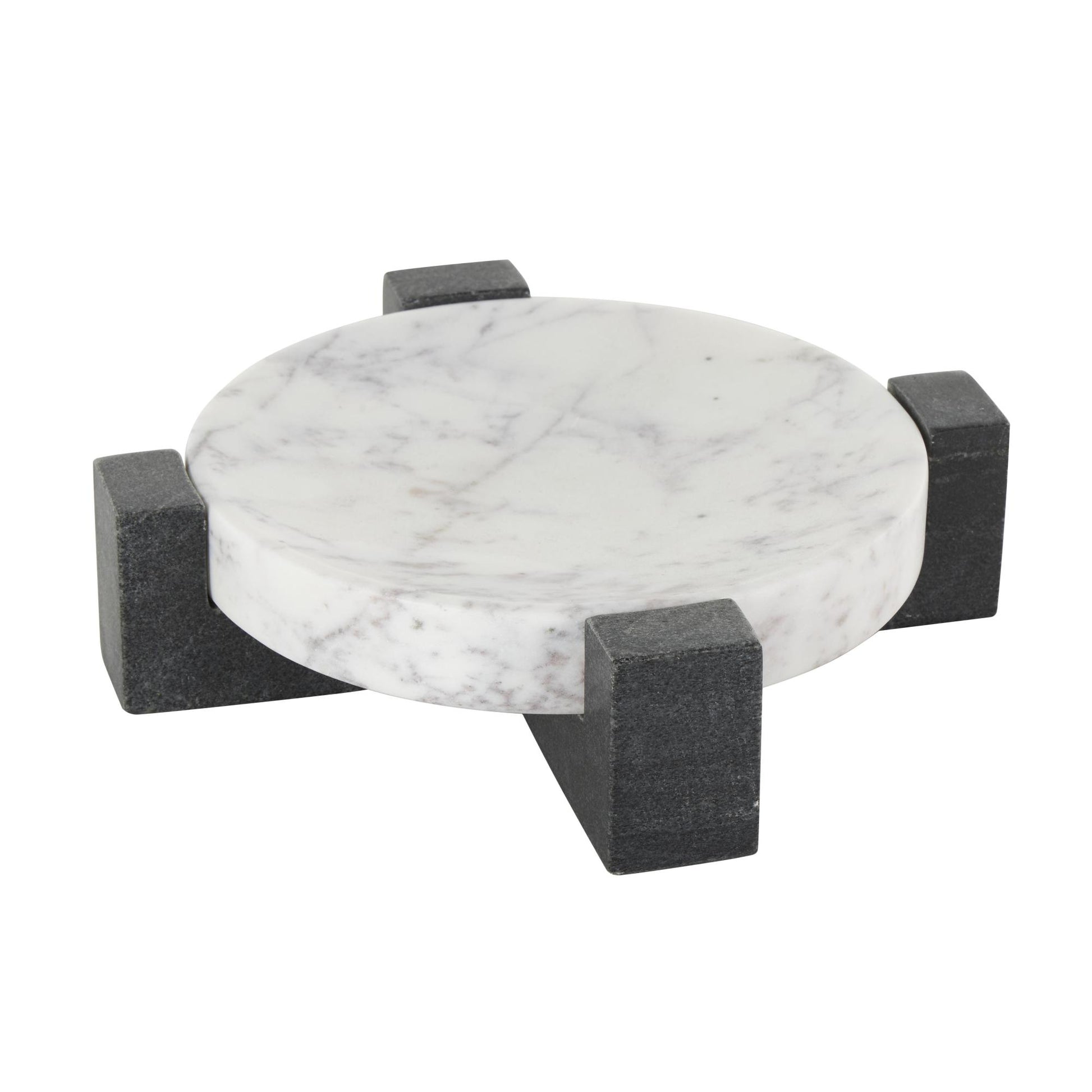 Geometric White Marble Round Living Room Decor Tray with Black X-Shaped Base