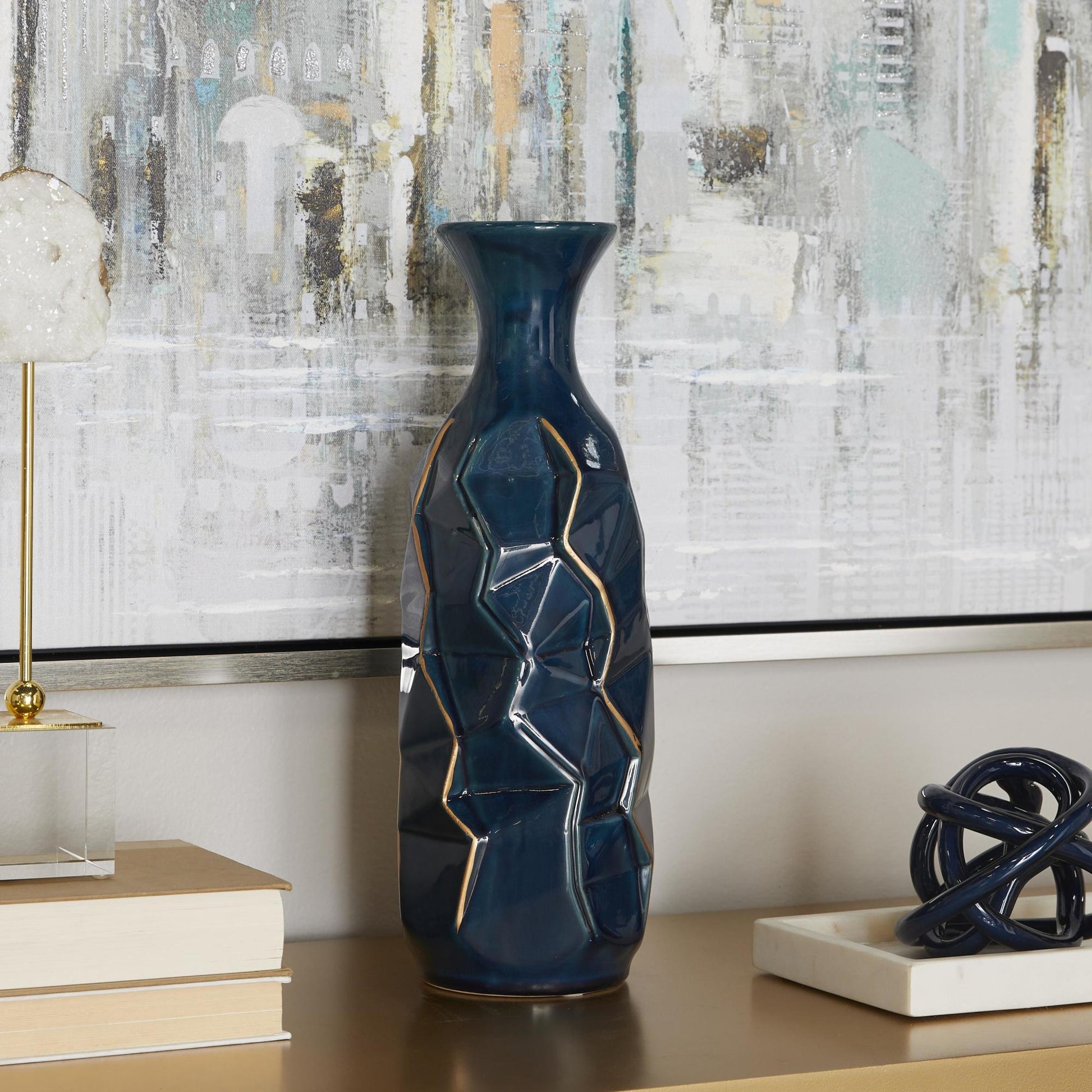 Teal Ceramic Geometric Floor Decorative Vase with Gold Accents