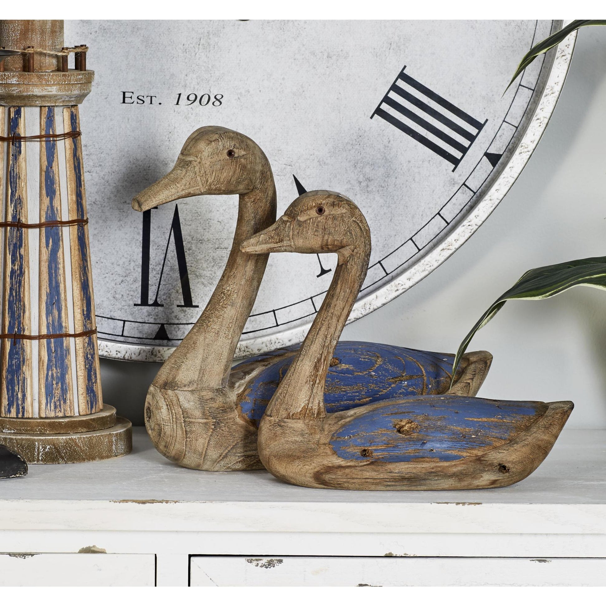 Set of 2 Duck Wood Decorative Garden Sculpture