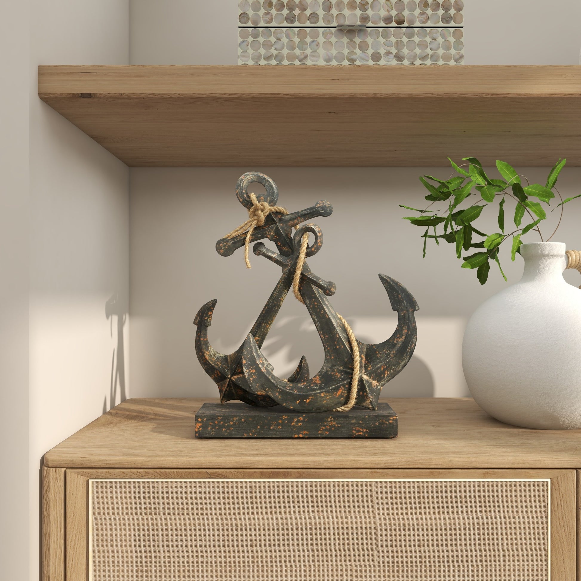Anchor Black Metal Decorative Sculpture with Jute Rope Accents