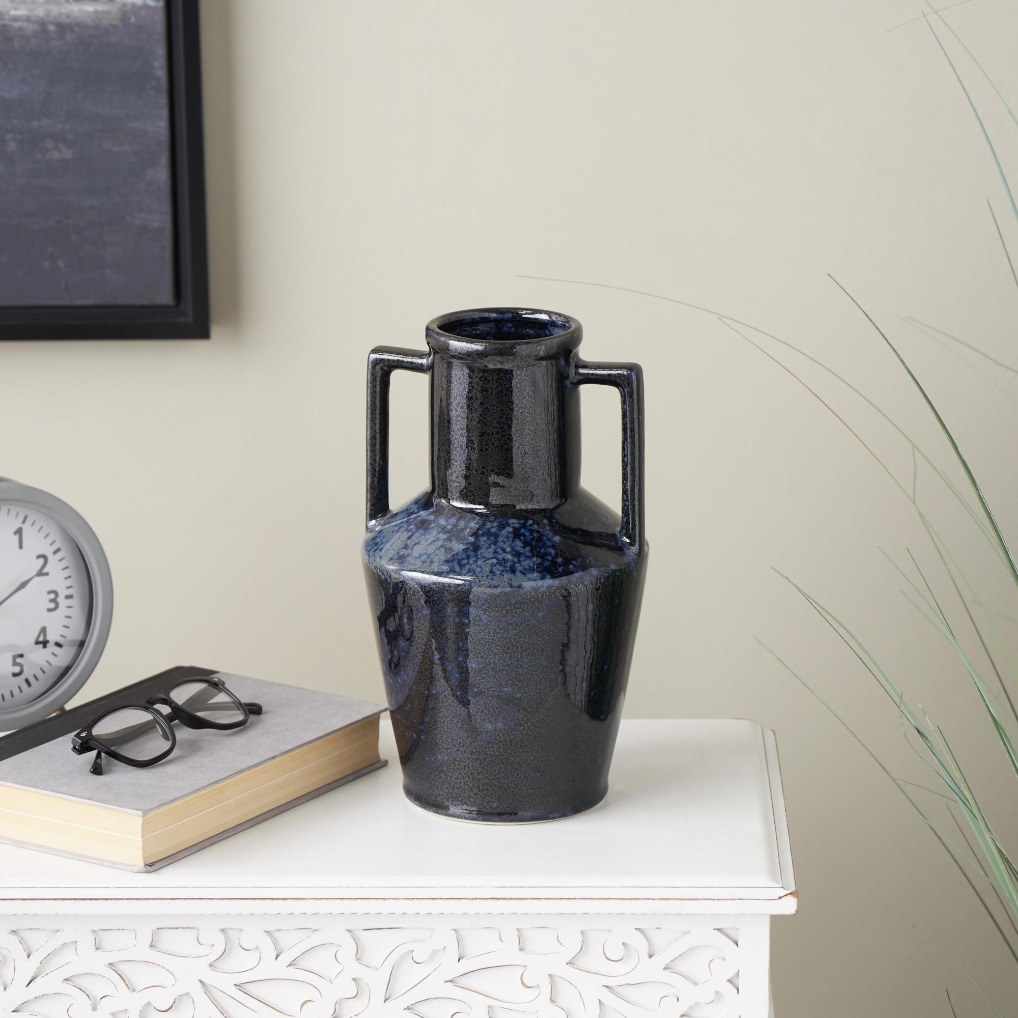 Dark Blue Ceramic Ombre Textured Decorative Vase with Rectangular Handles