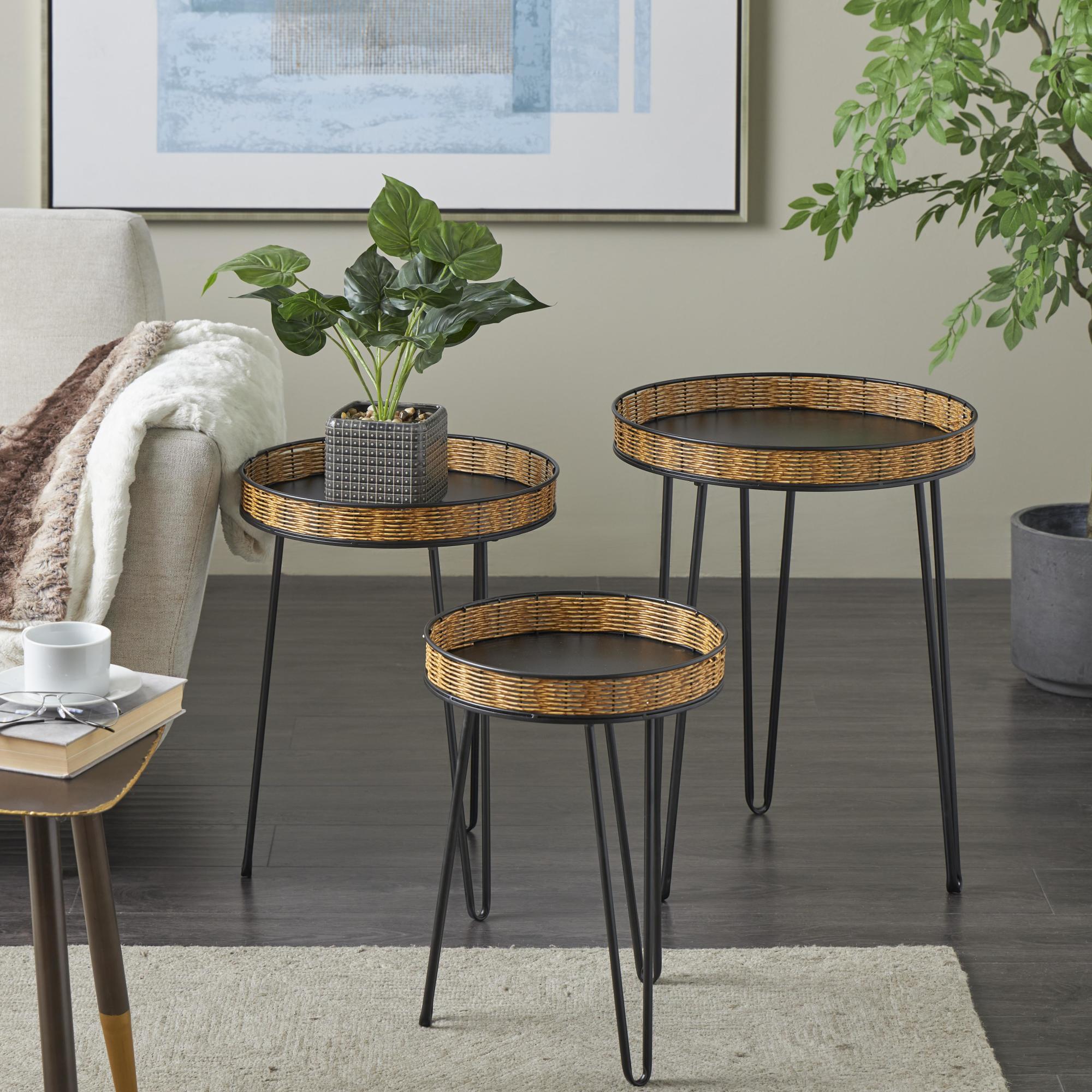 Set of 3 Black Metal Handmade Side End Accent Table with Rattan Edges Tabletops