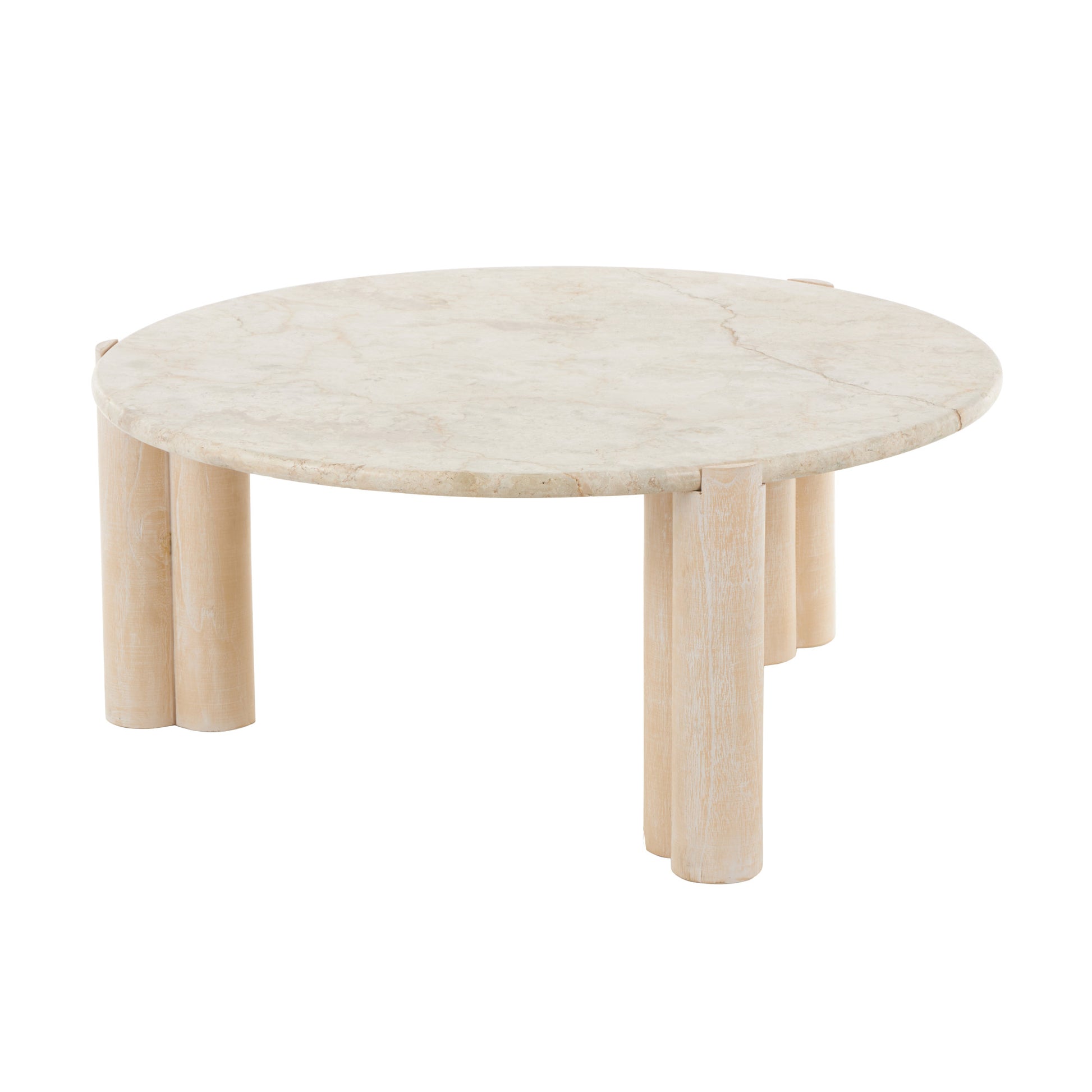 Cream Teak Wood Handmade Living Room Coffee Table with Beige Marble Tabletop