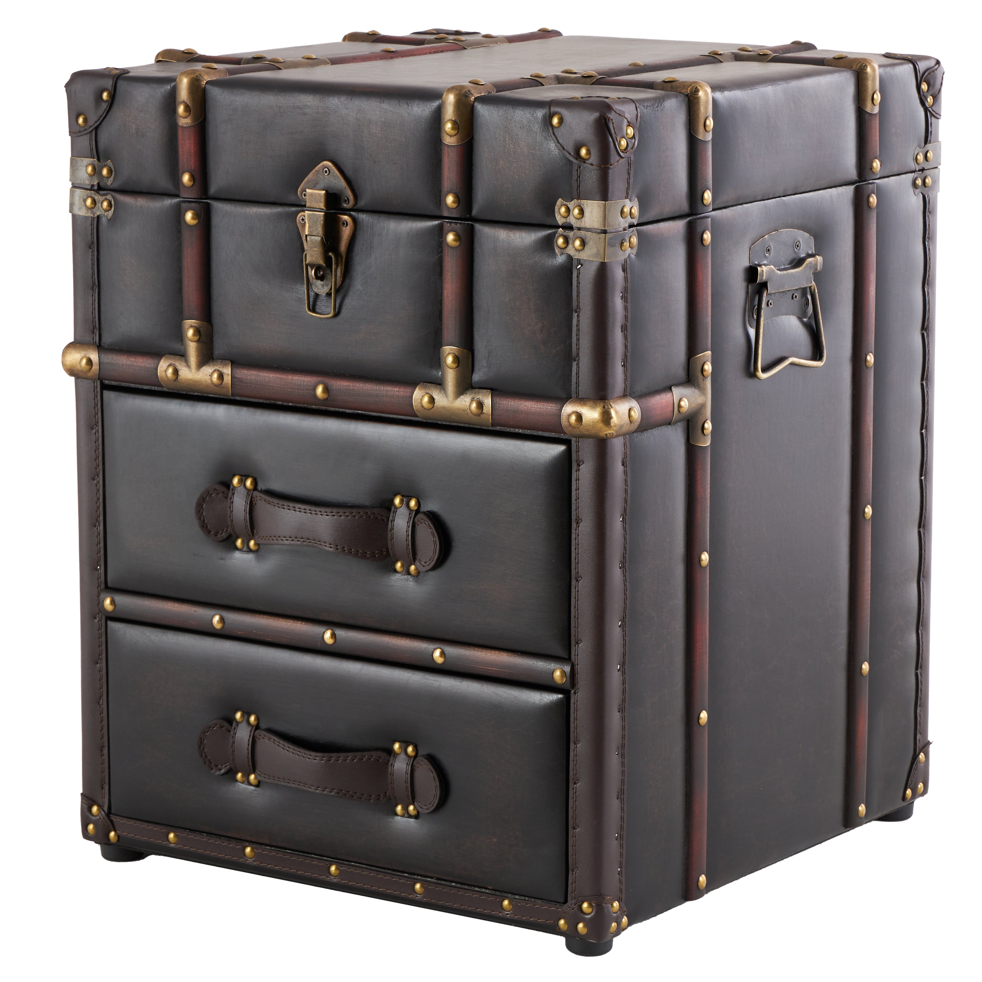 Faux Leather Vintage Faux Leather 2 Drawer Side End Cabinet with Storage Top and Leather Accents 18" x 18" x 23"