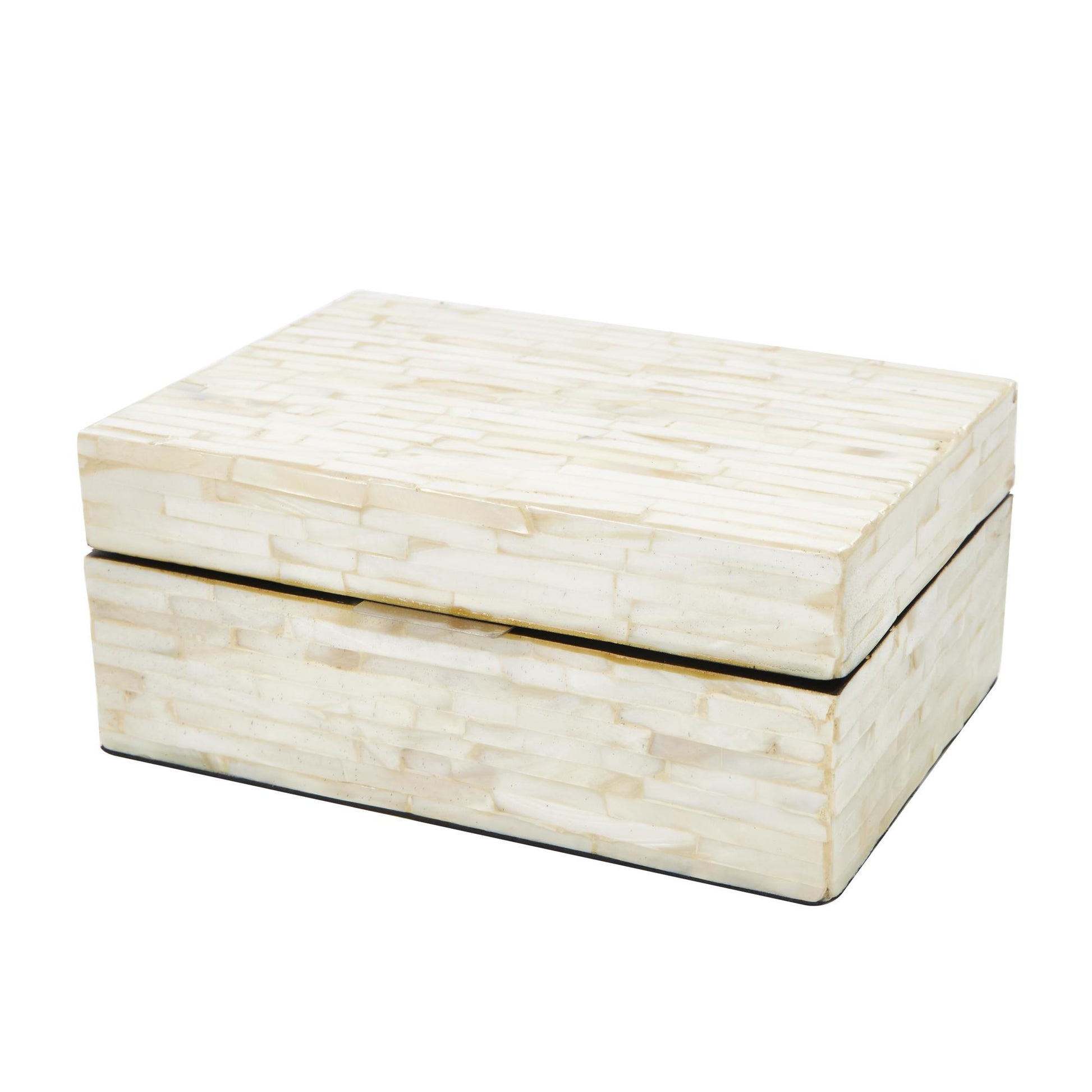 Set of 2 White Mother of Pearl Shell Handmade Decorative Box with Linear Mosaic Pattern and Hinged Lid