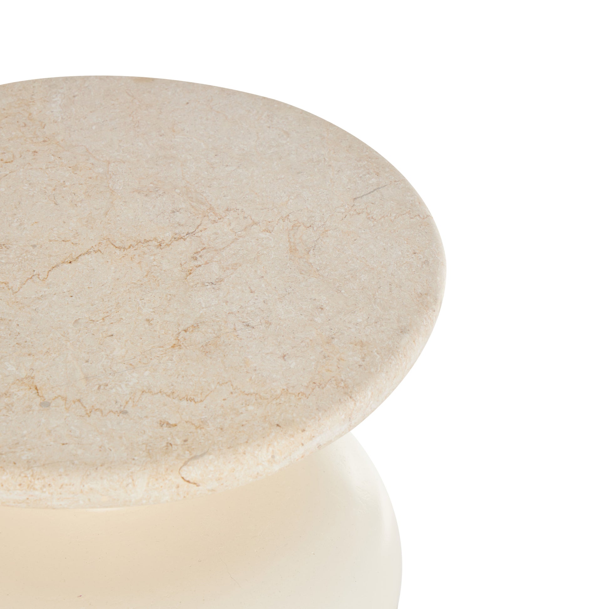 Cream Teak Wood Handmade Carved Bubble Inspired Side End Accent Table with Marble Tabletop