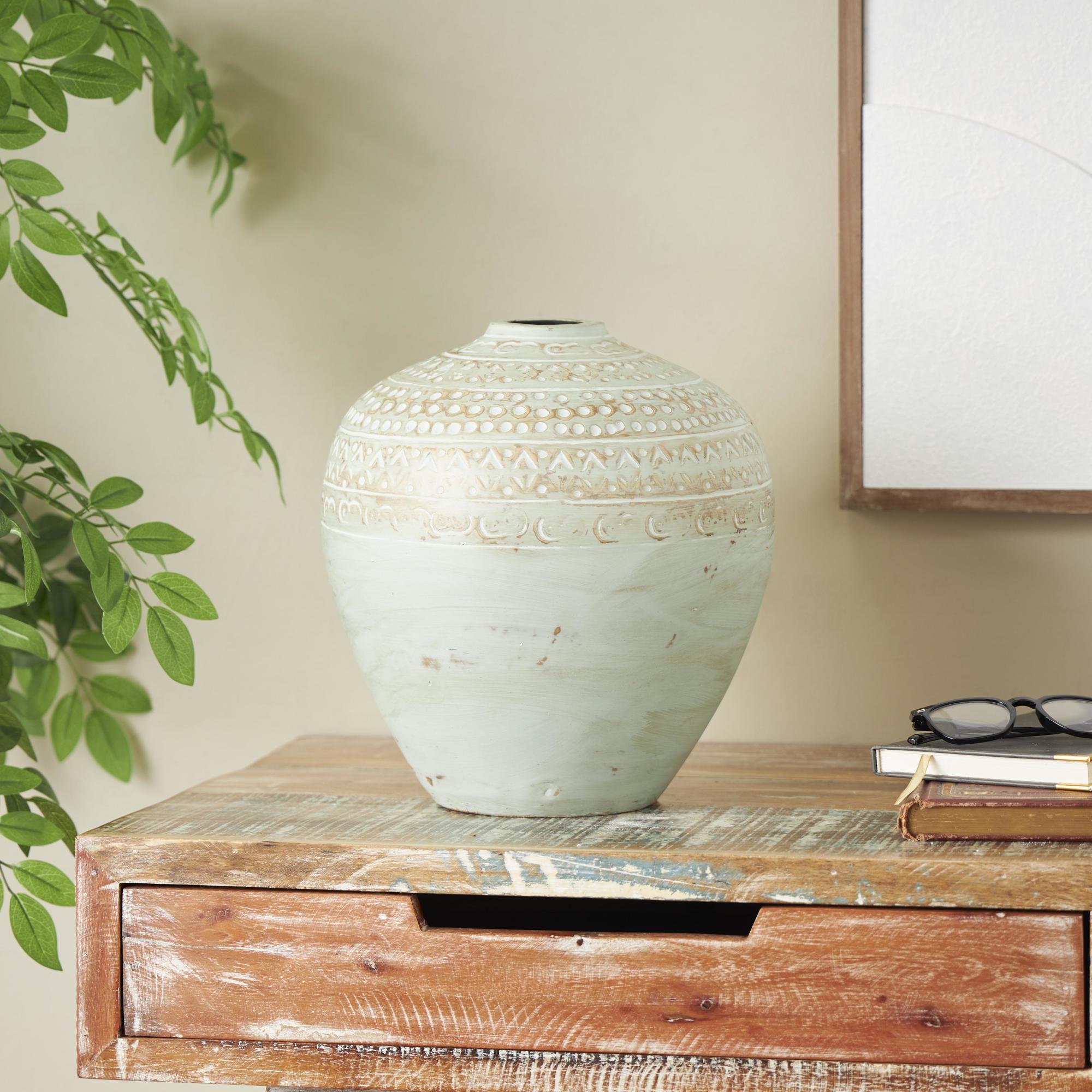 Green Ceramic Handmade Antique Style Wide Rounded Decorative Vase with Geometric Tribal Carvings