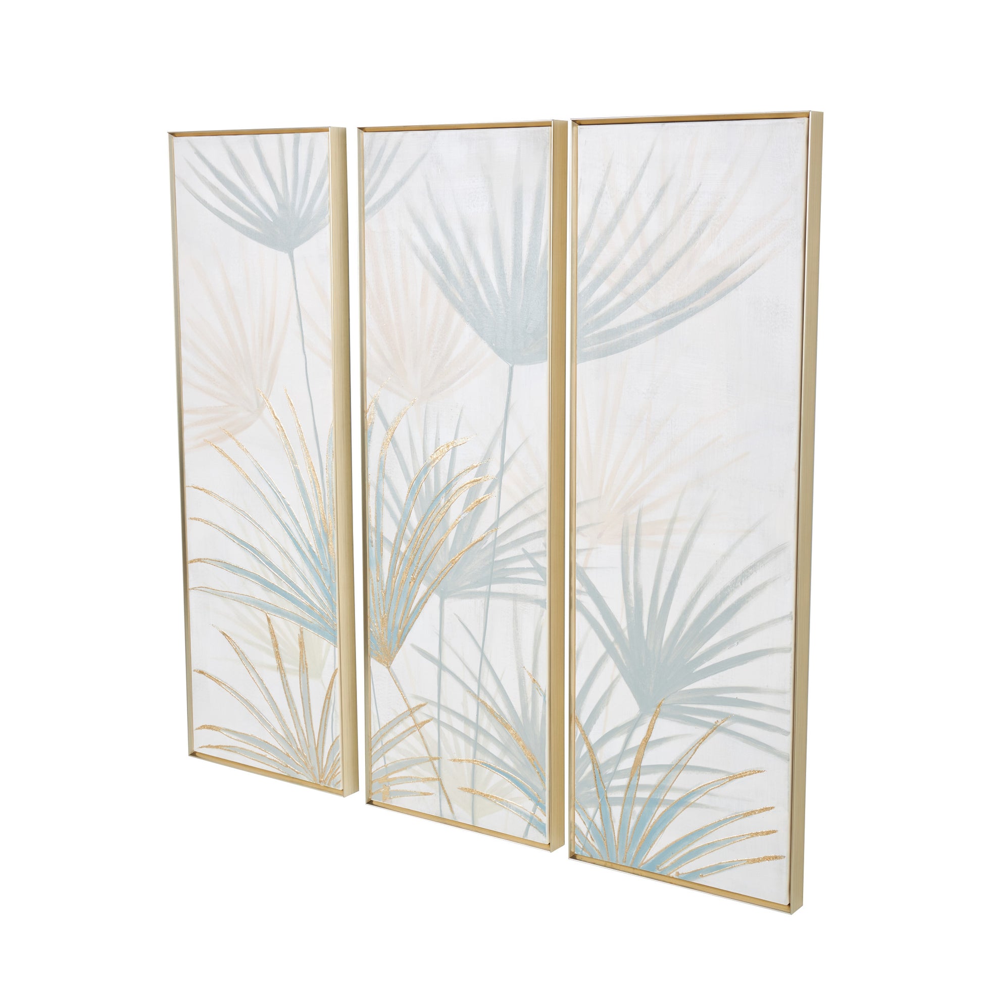 Set of 3 Palm Tree Teal Canvas Metallic Layered Leaf Living Room Framed Wall Art with Gold Foil Details
