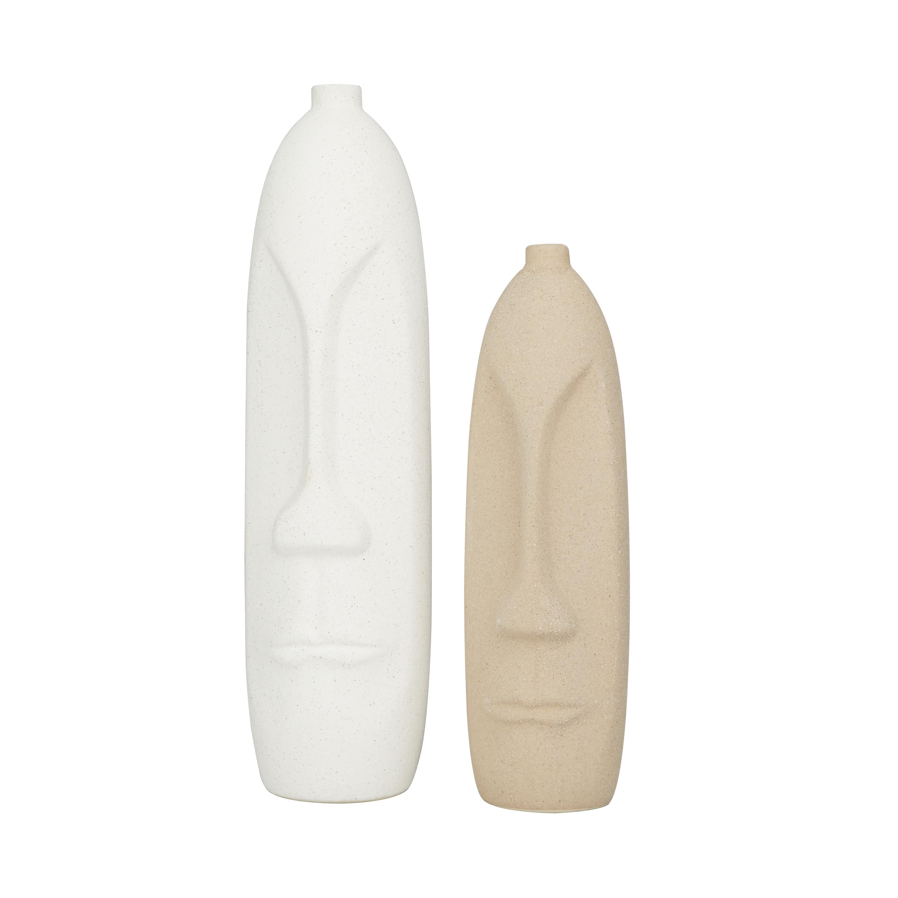 Set of 2 Tribal Beige Ceramic Easter Island Head Decorative Vase