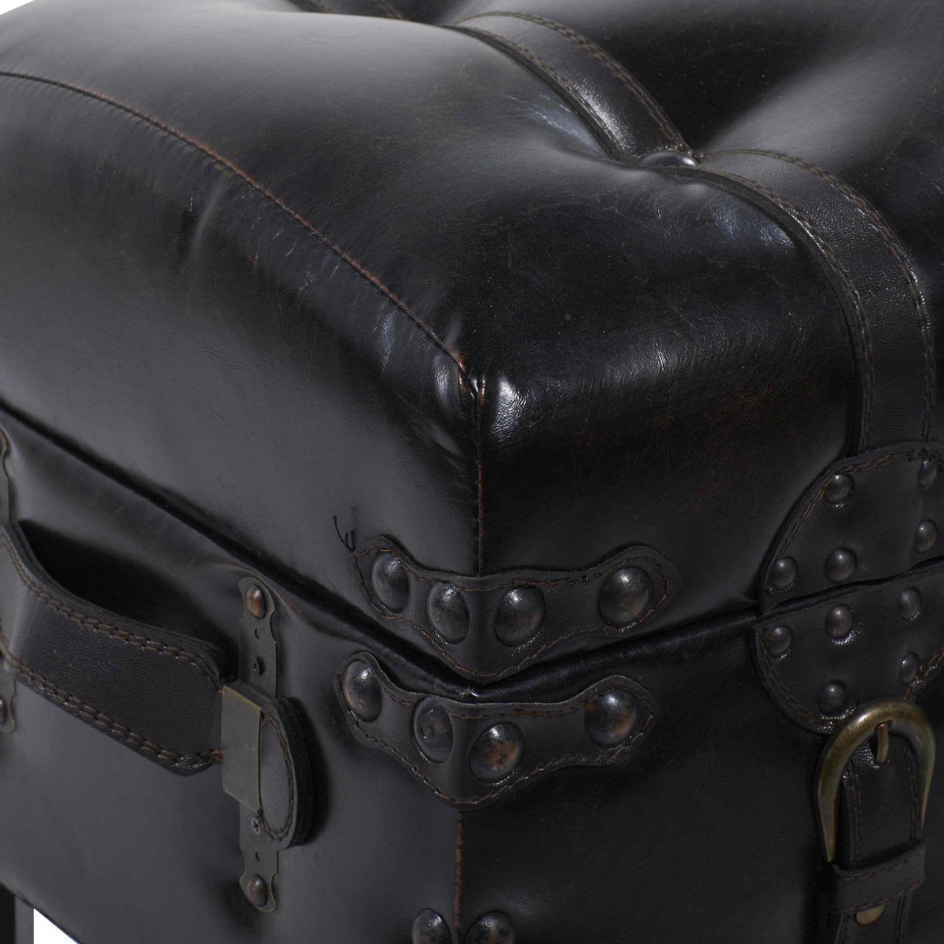 Set of 3 Brown Faux Leather Vintage Room Storage Bench with Faux Leather Buckle Straps and Stud Details