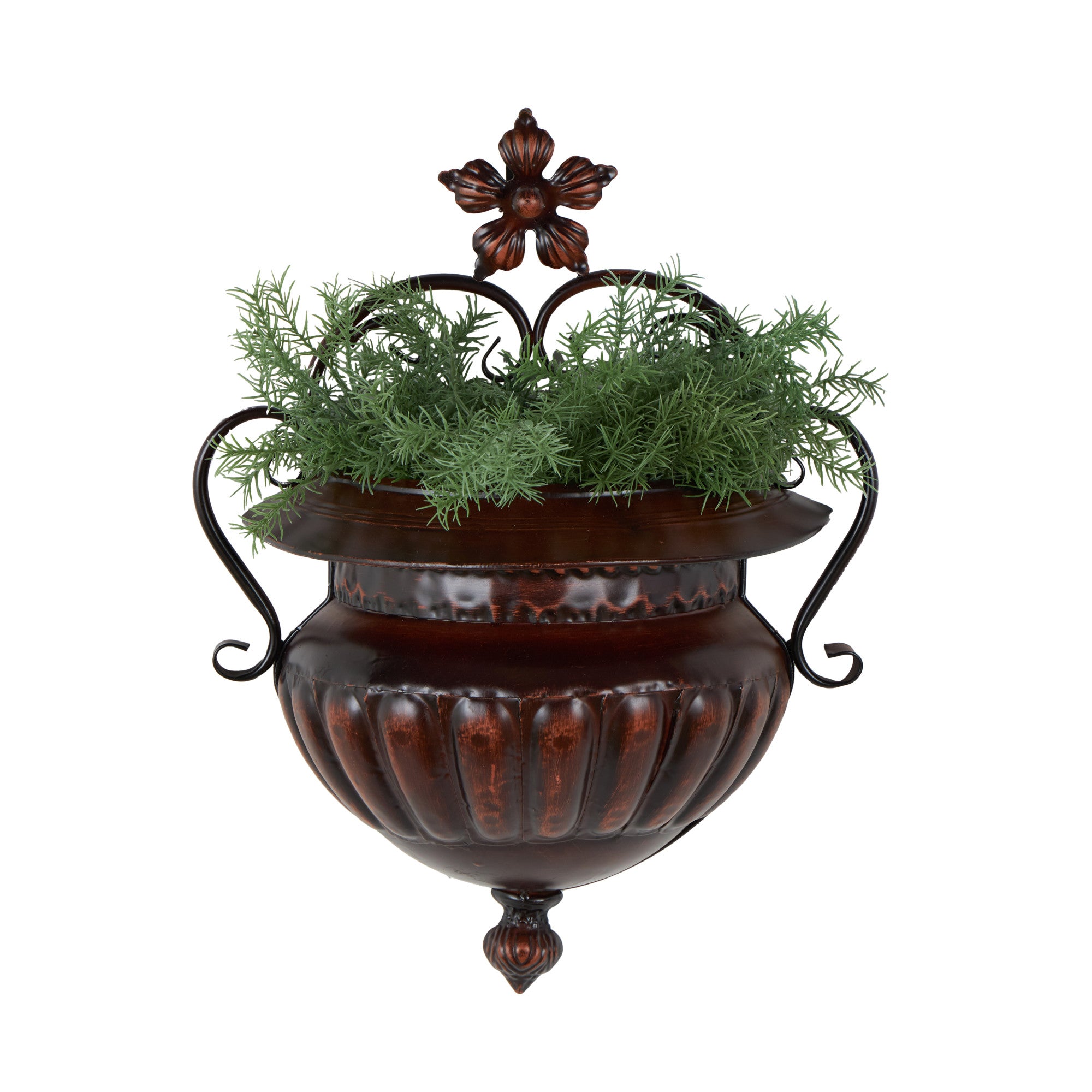 Scroll Brown Metal Small Indoor Outdoor Wall Planter with Flower Accent