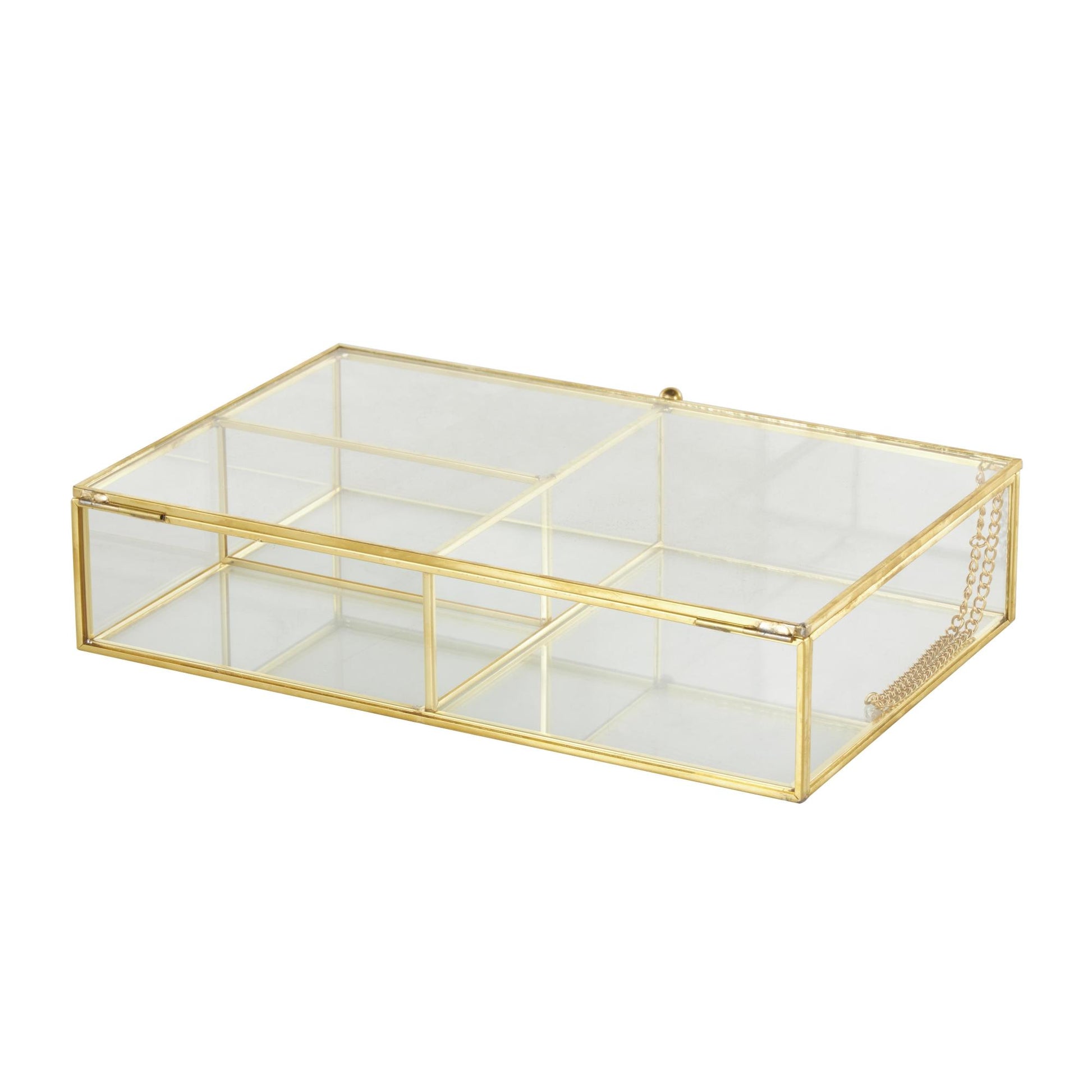 Clear Glass 3 Slot Decorative Jewelry Box with Gold Metal Frame and Chain Accent