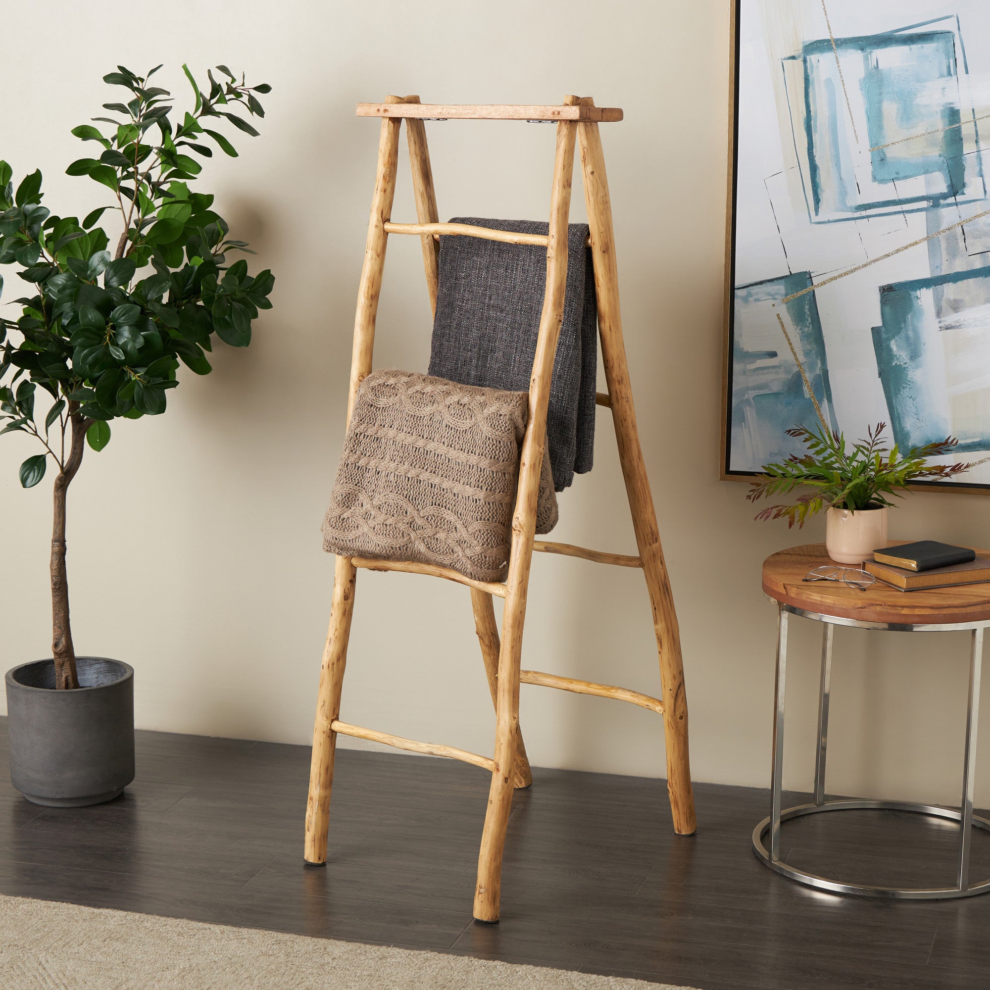 Brown Teak Wood Handmade 4 Rung Decorative Ladder