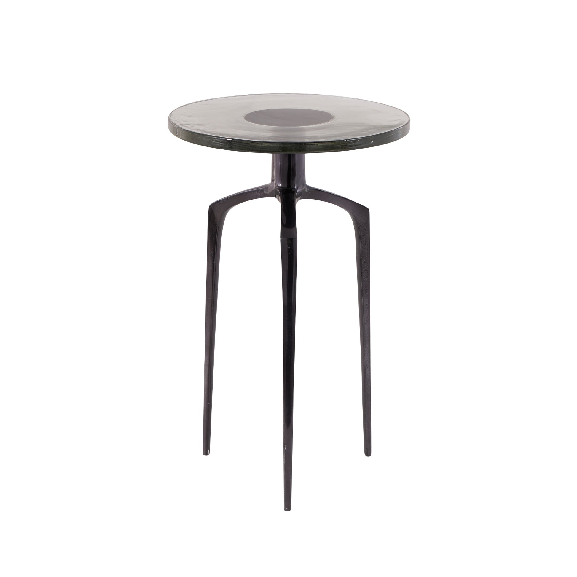 Aluminum Metal Small Tripod Side End Accent Table with Textured Glass Tabletop