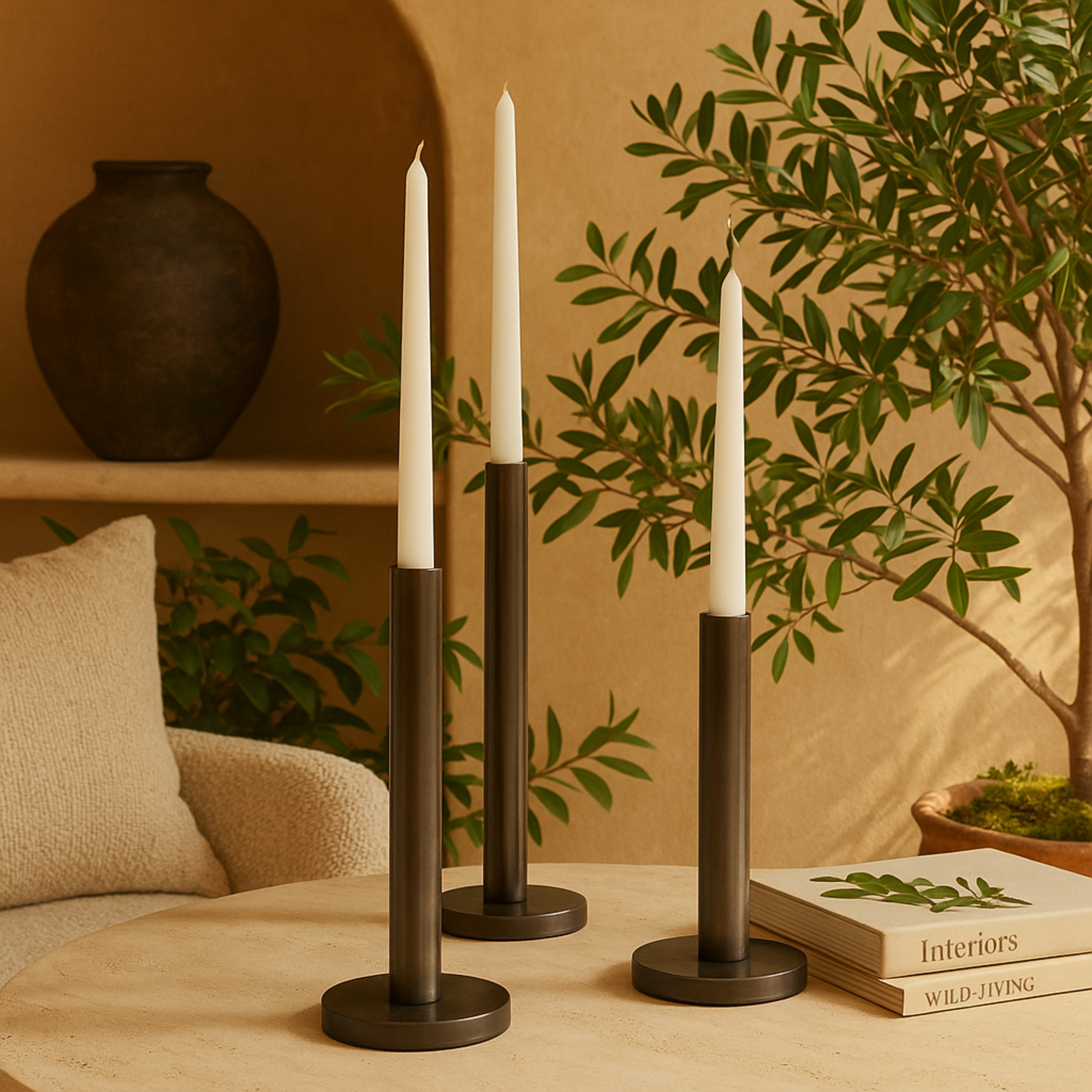 Set of 3 Black Stainless Steel Metal Slim Decorative Candle Holder with Round Base