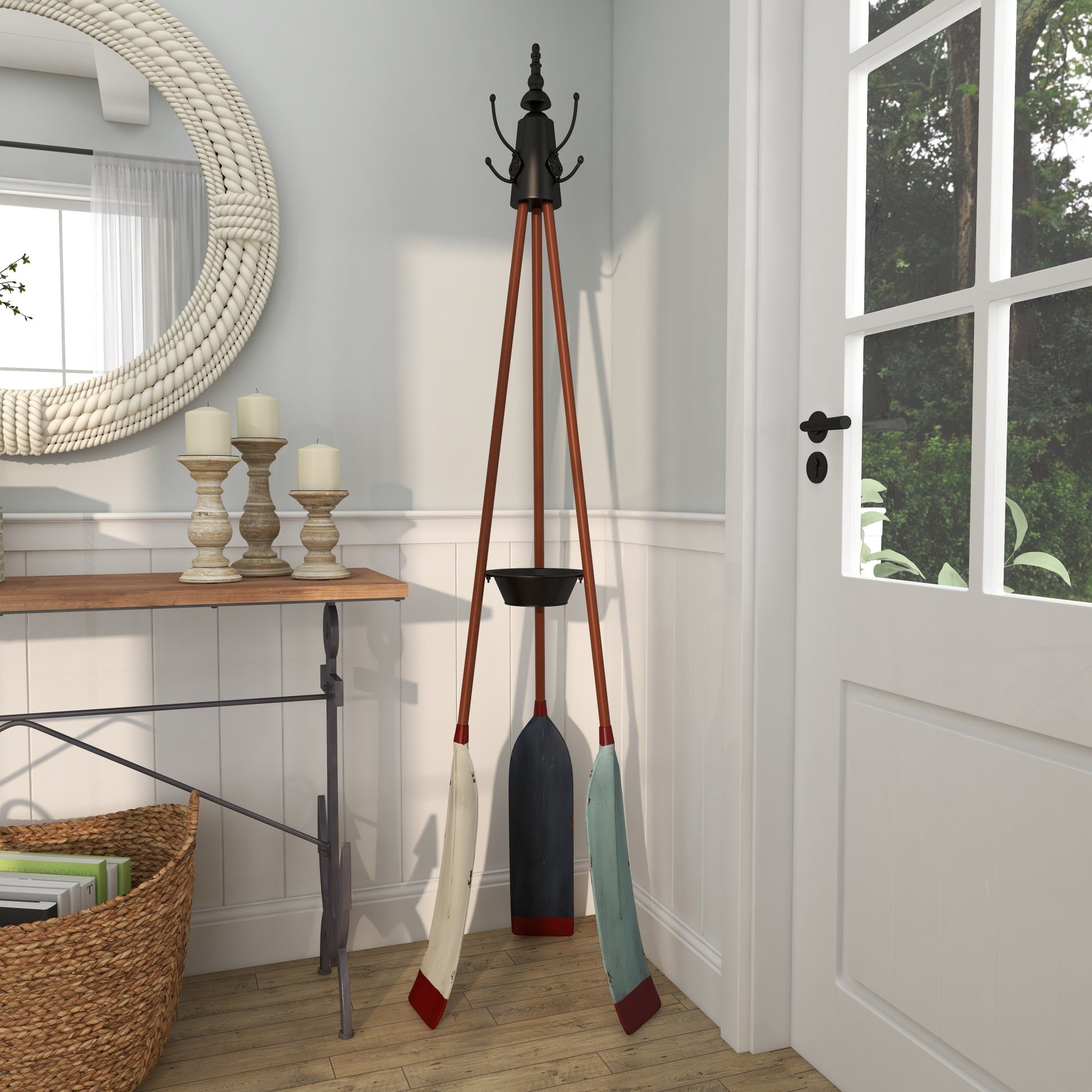Paddle Blue Metal Oar 3 Hook Freestanding Coat Rack with Wooden Poles and Storage Tray