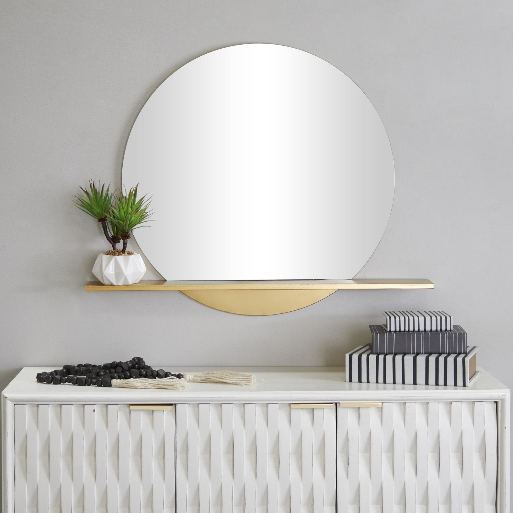 Gold Metal Round 1 Shelf Room Wall Mirror