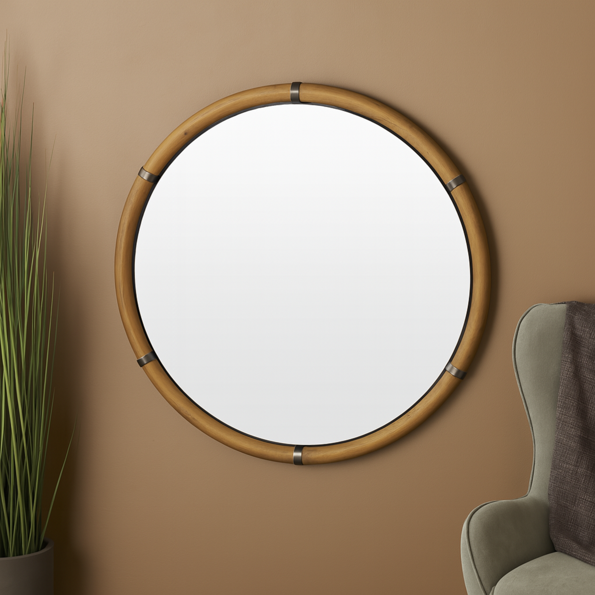 Brown Wood Round Room Wall Mirror with Brass Metal Support