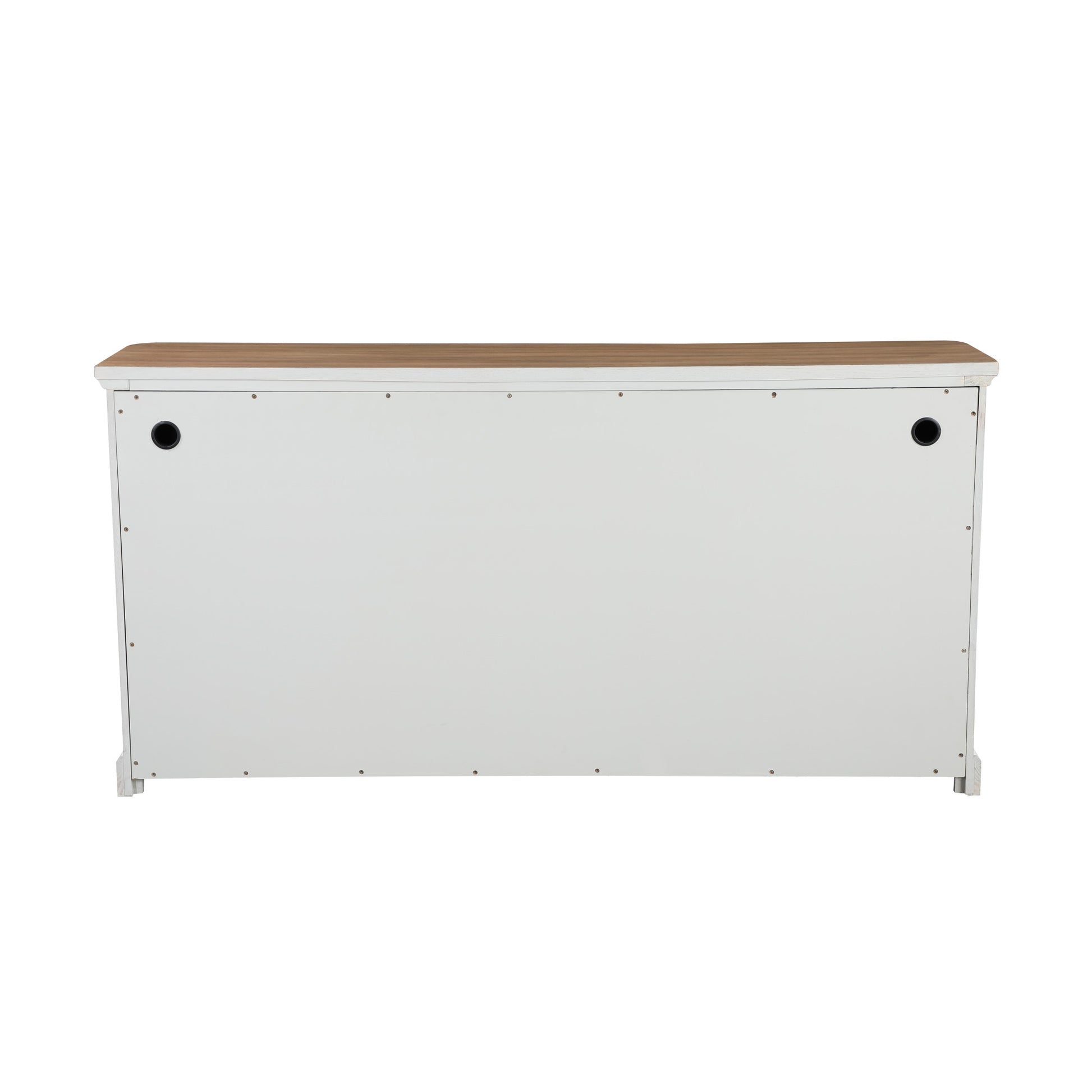 White Wood 4 Door Media Credenza Sideboard with Brown Wood Top and Black Round Knobs