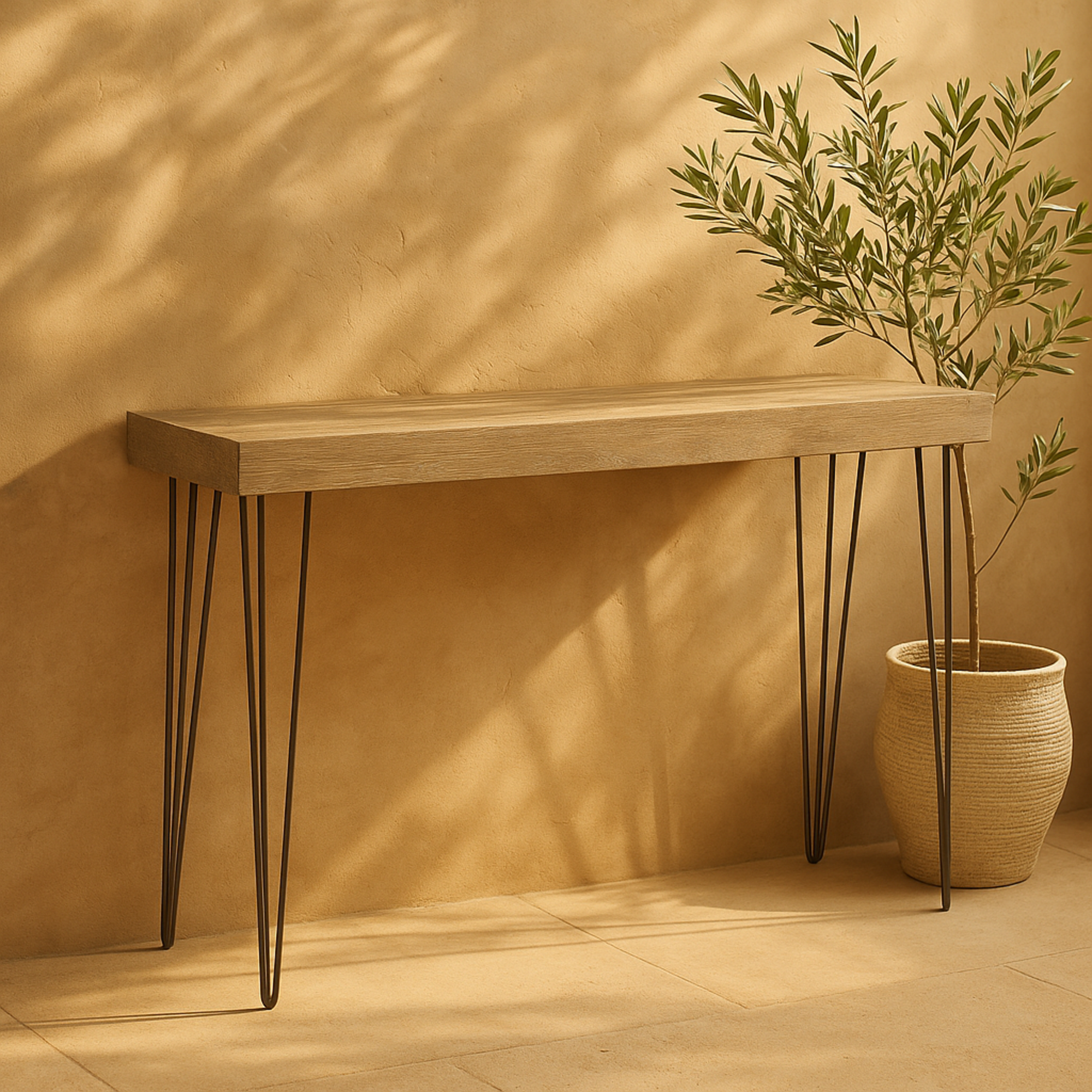 Brown Wood Rectangular Living Room Console Table with Black Metal Hairpin Legs