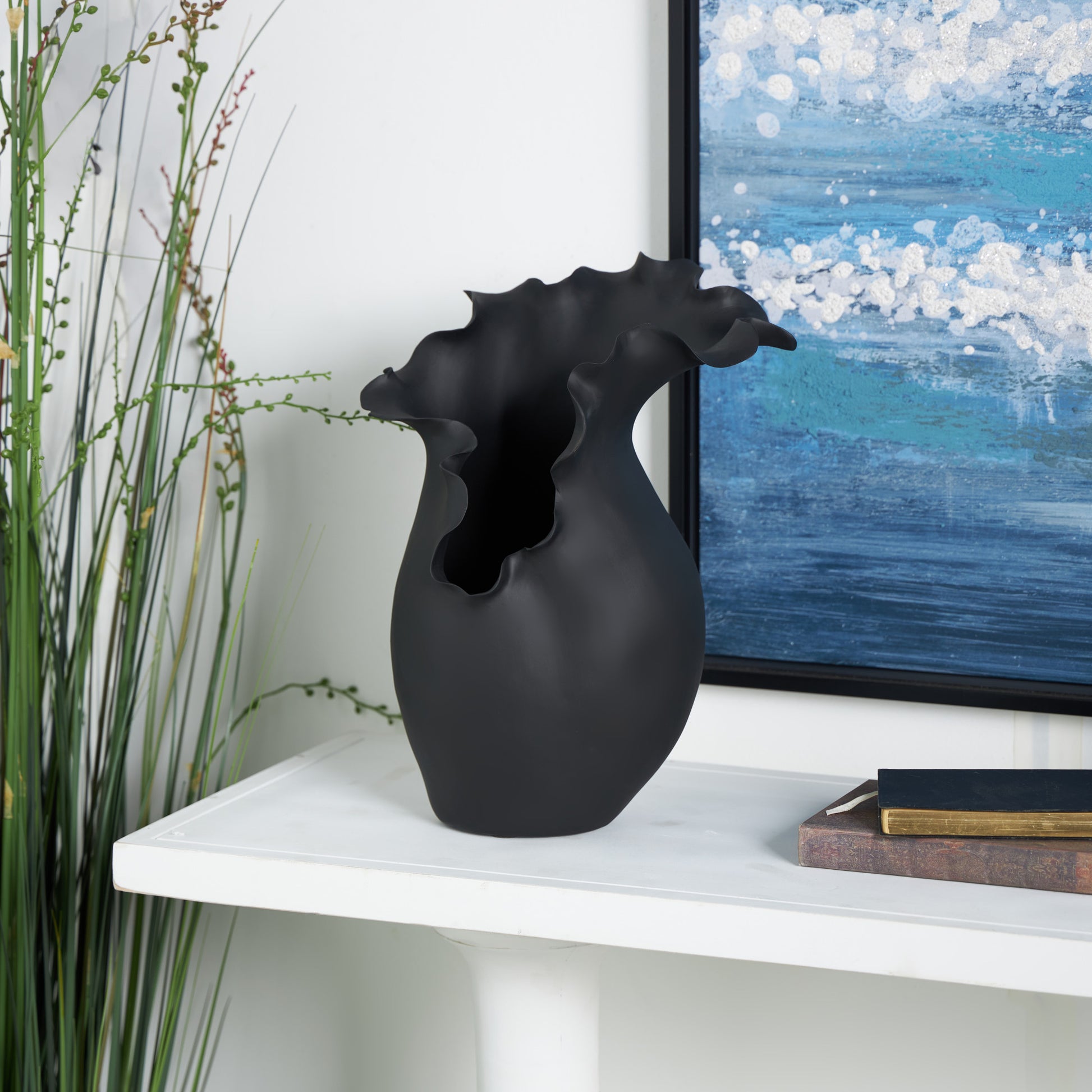 Abstract Ceramic Floral Inspired Decorative Vase with Wavy Folded Rim