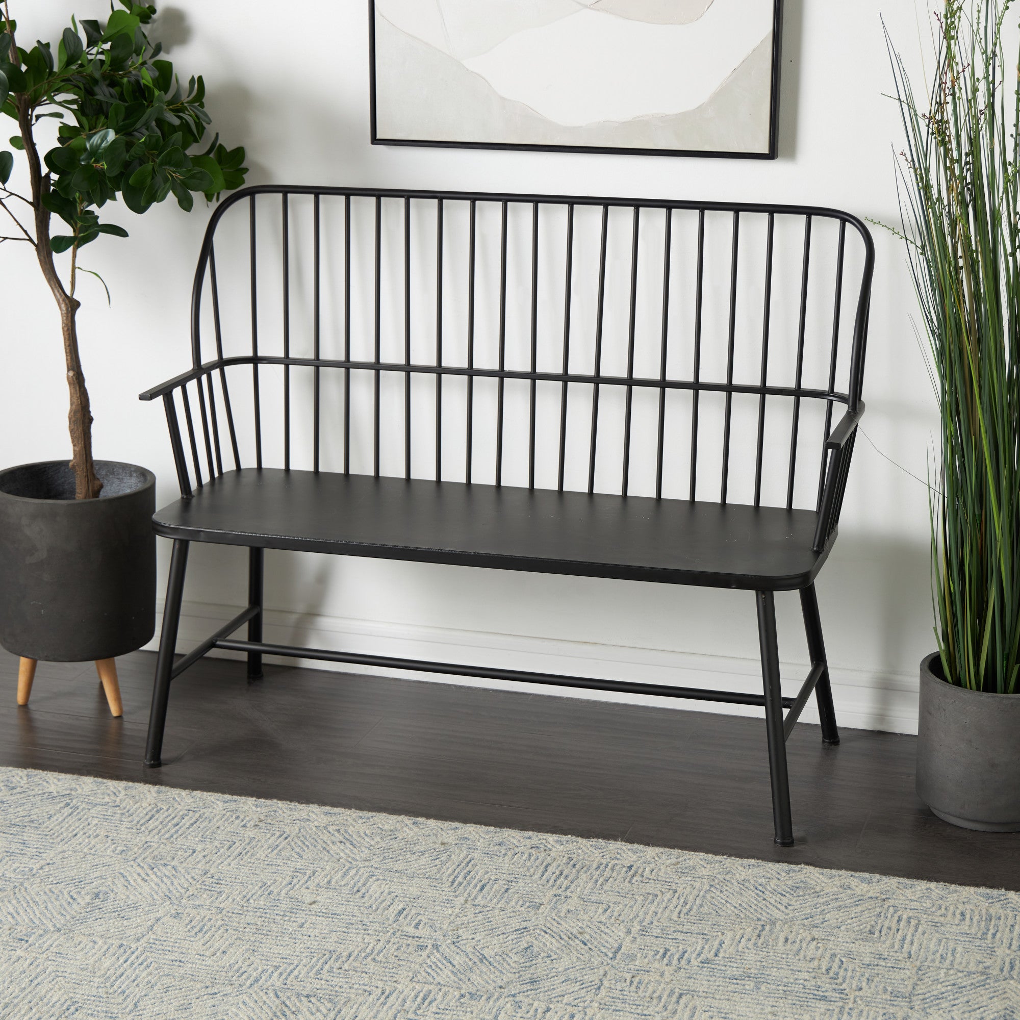 Black Metal Grill Style High Back Frame Patio Outdoor Bench with Trestle Legs and Armrests