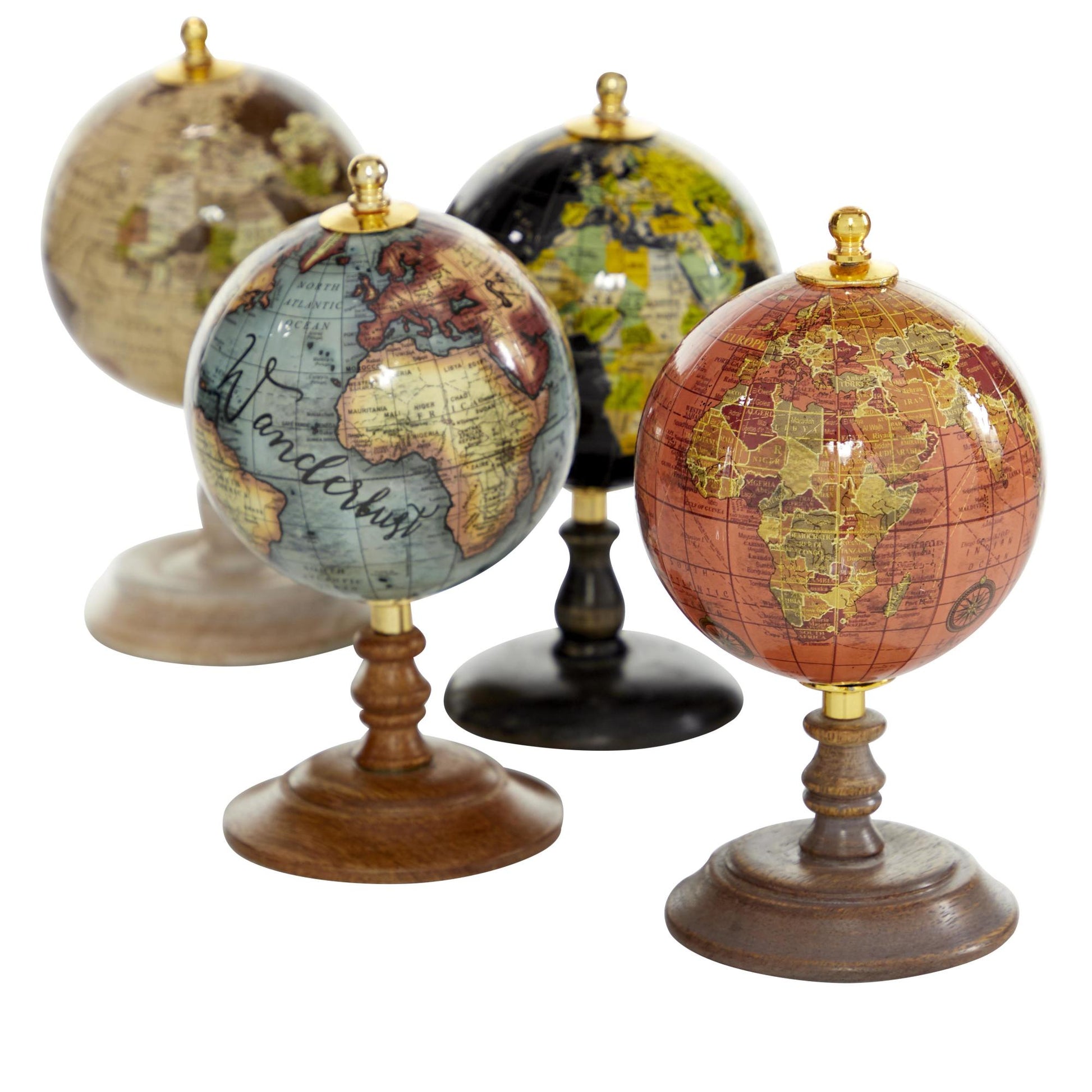 Set of 4 World Map Multi Colored Mango Wood Small Educational/Geographic Earth Globe