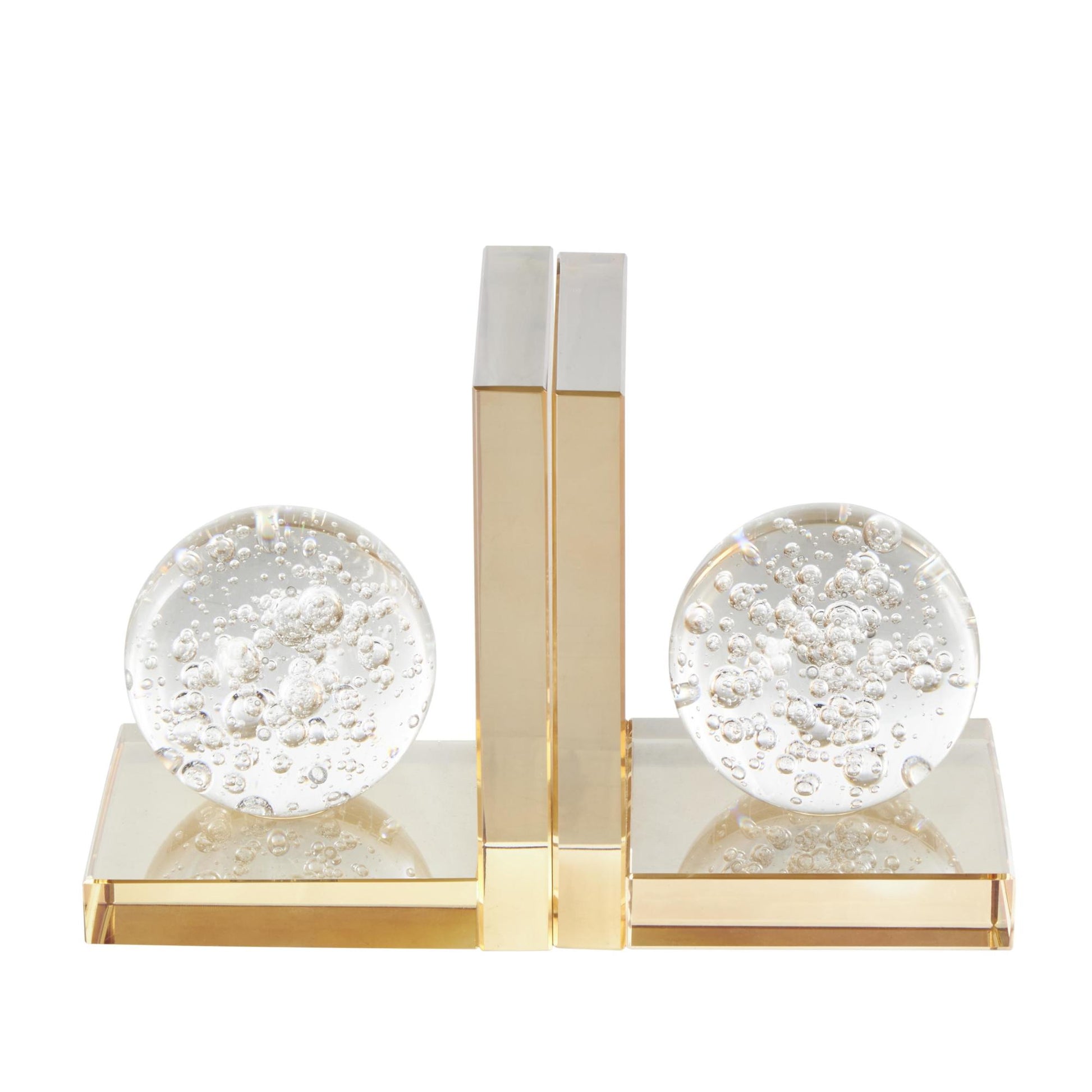 Set of 2 Geometric Gold Glass Decorative Bookends with Clear Orbs and Bubble Texturing