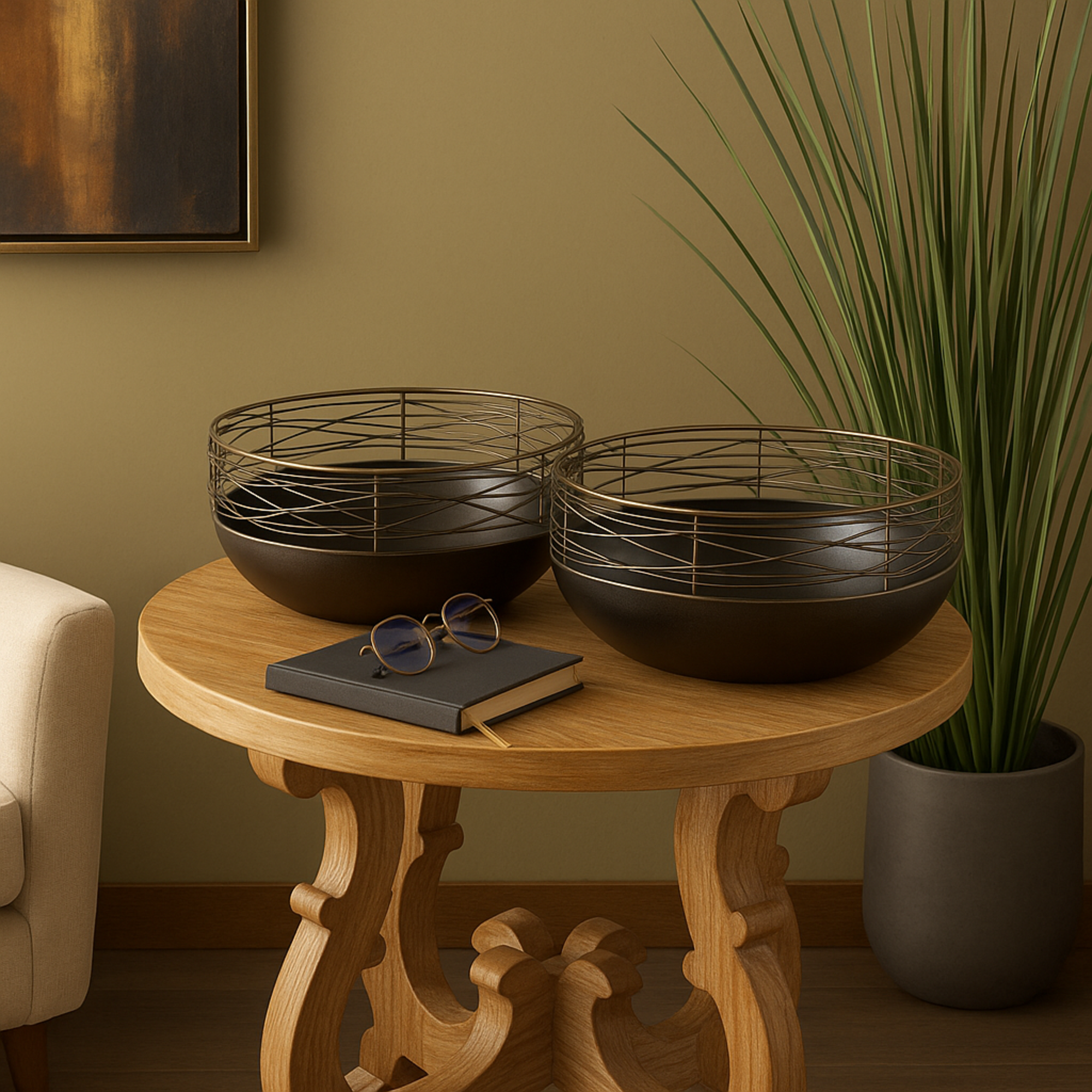 Set of 2 Abstract Black Metal Intertwined Wire Large Decorative Bowl with Solid Matte Base
