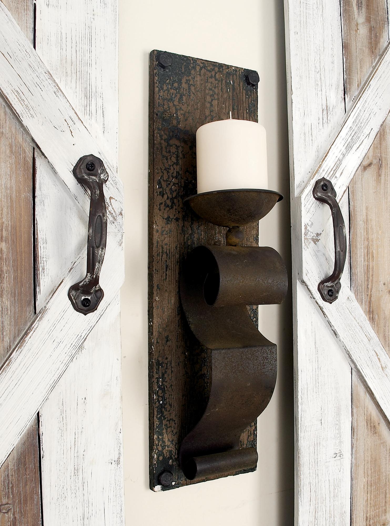 Set of 2 Scroll Brown Wood Distressed Pillar Indoor Outdoor Wall Sconce with Bronze Metal Holders
