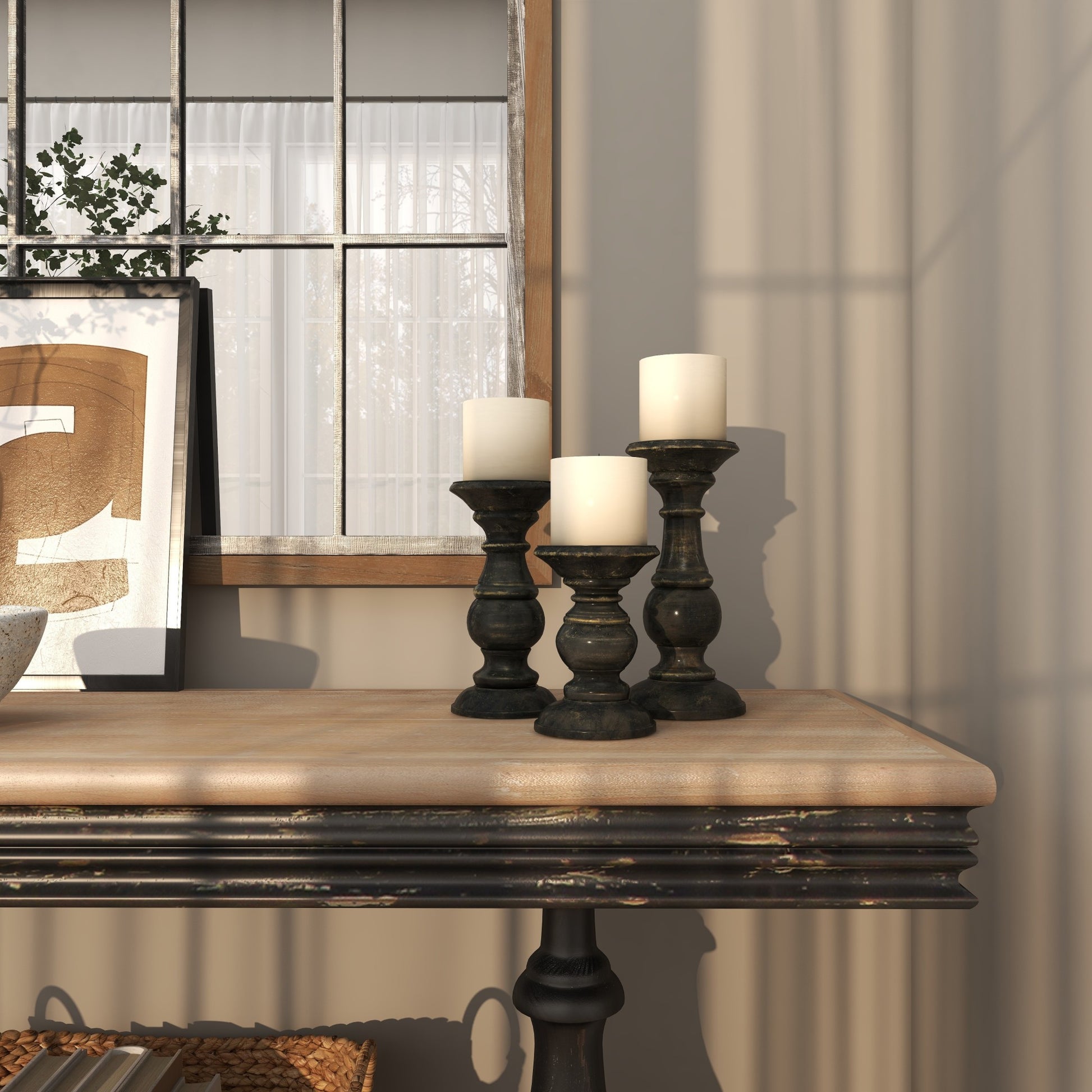 Set of 3 Mango Wood Distressed Turned Pillar Decorative Candle Holder