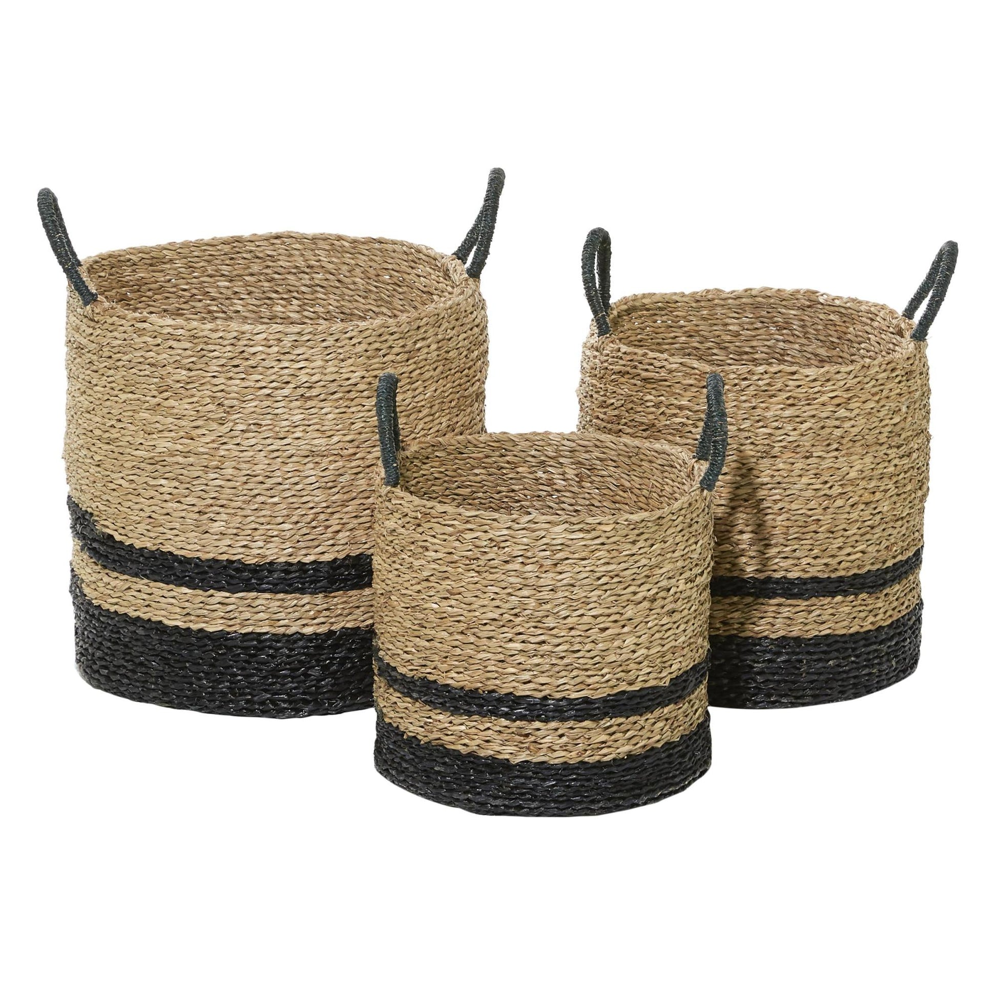 Set of 3 Black Seagrass Handmade Two-Toned Brown Decorative and Functional Storage Basket with Handles