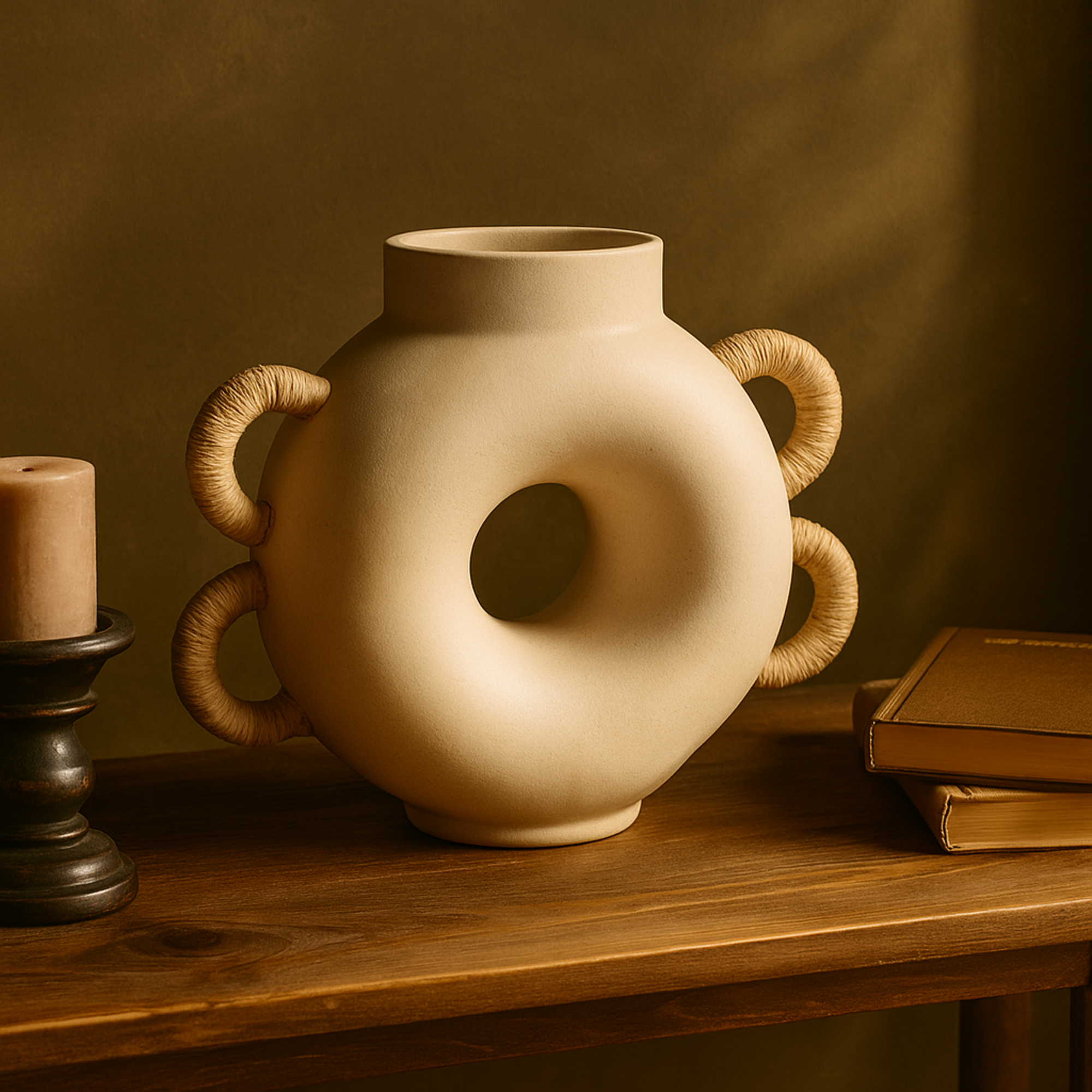 Geometric Cream Resin Round Speckled Decorative Vase with Woven Inspired Arched Handles and Cutout Opening