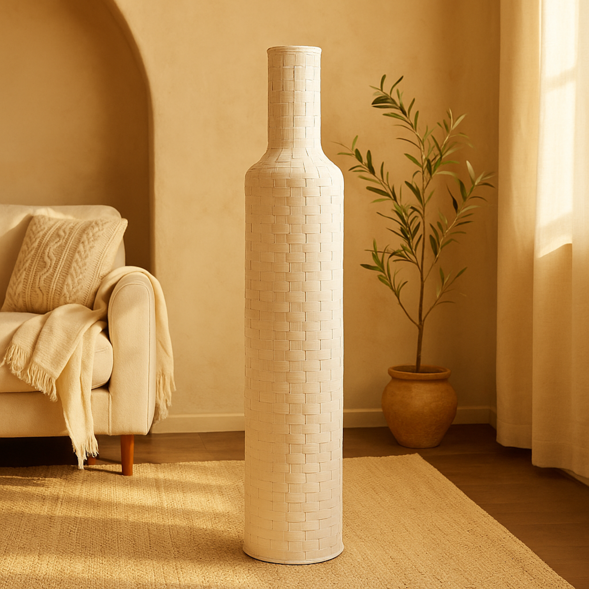 White Bamboo Wood Tall Woven Floor Decorative Vase