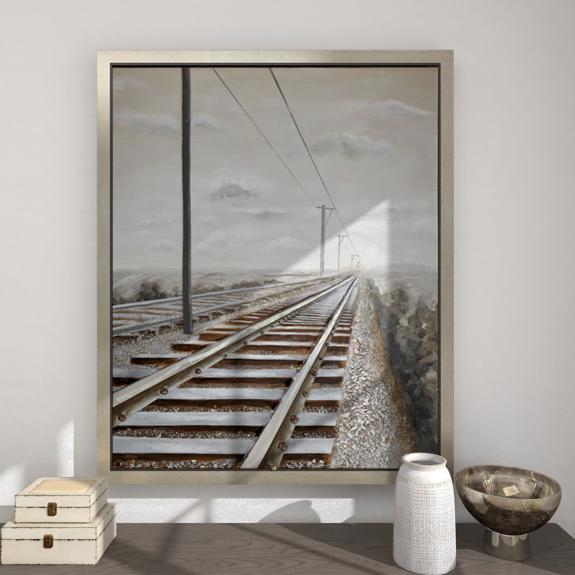 Landscape Gray Canvas Railroad Track Living Room Framed Wall Art with Silver Frame