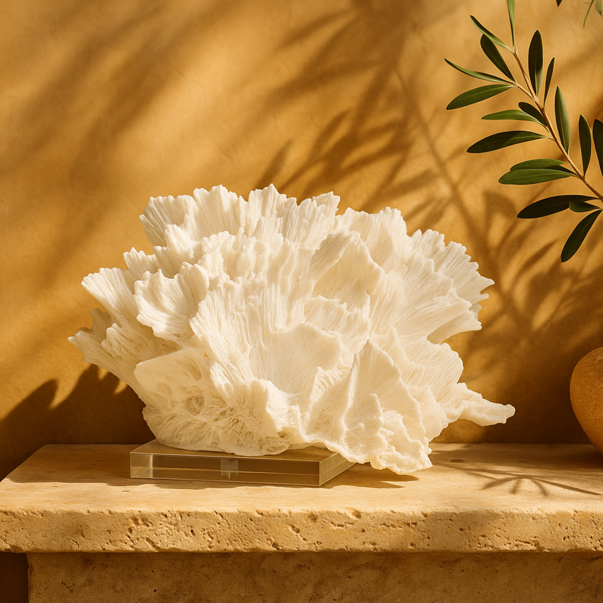 Coral White Polystone Textured Decorative Sculpture with Clear Acrylic Base