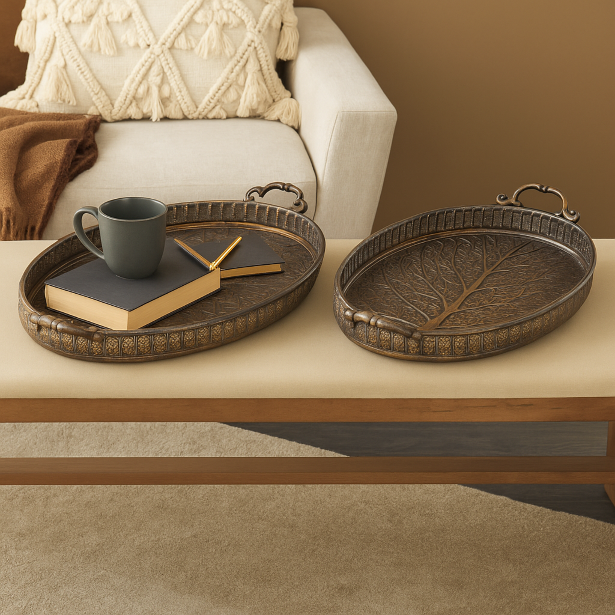 Set of 2 Scroll Brass Metal Ornate Oval Living Room Decor Tray with Tree Patterned Interior