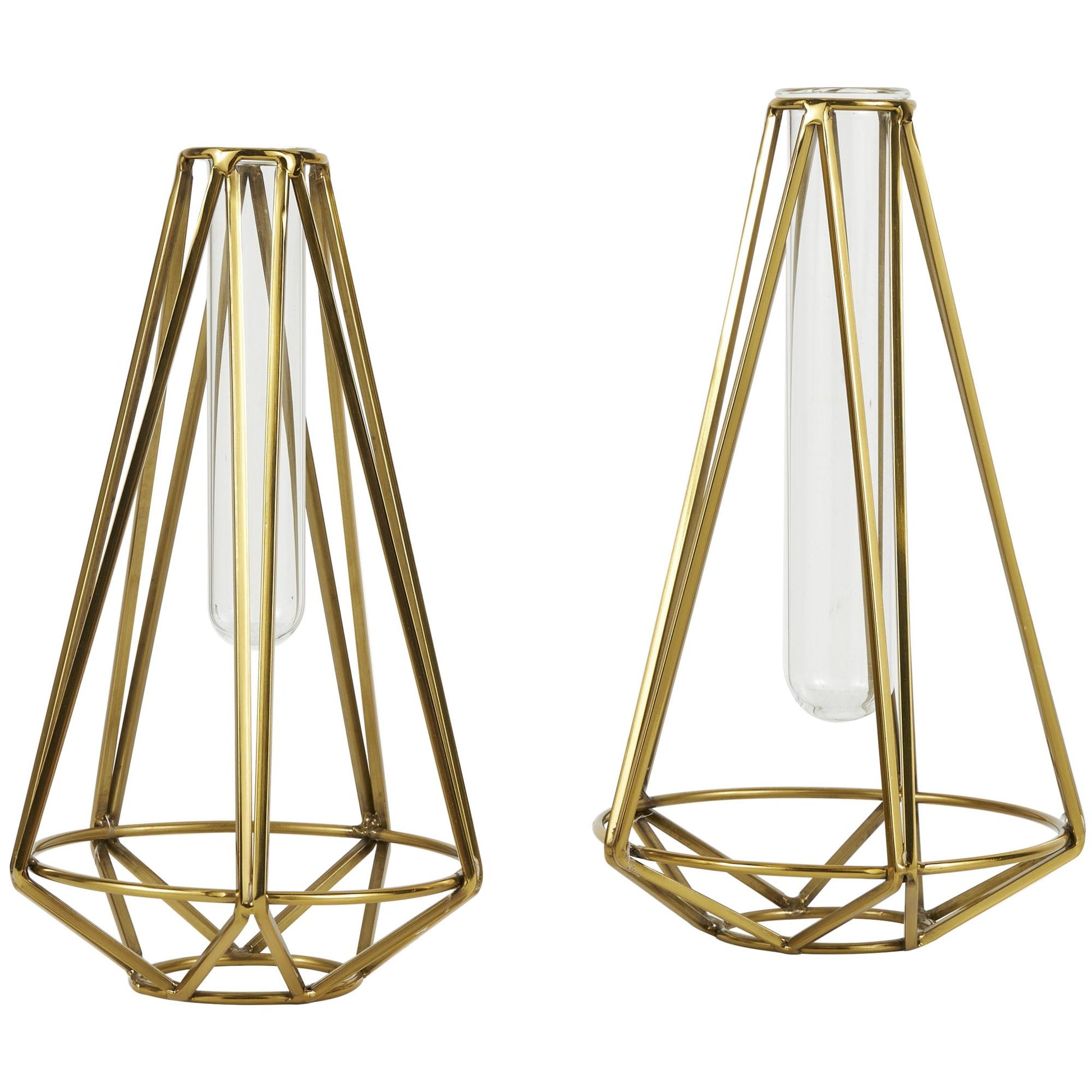 Set of 2 Geometric Gold Stainless Steel Metal Test Tube Decorative Vase