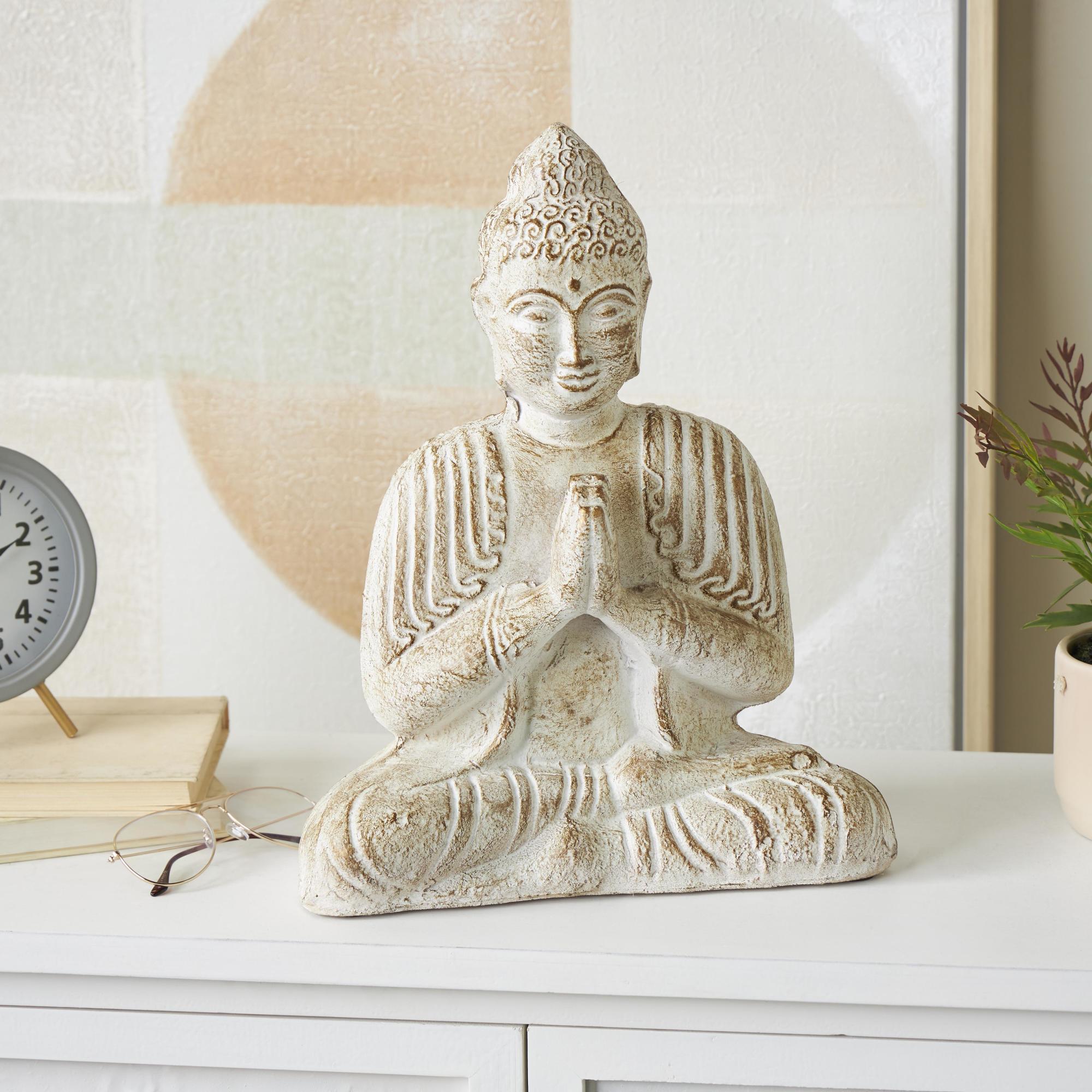 Buddha Cream Paper Mache Handmade Carved Decorative Sculpture with Brown Distressing