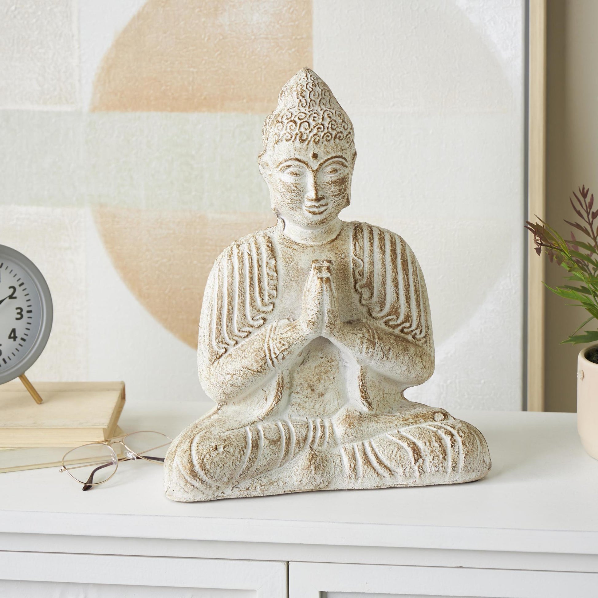 Buddha Cream Paper Mache Handmade Carved Decorative Sculpture with Brown Distressing