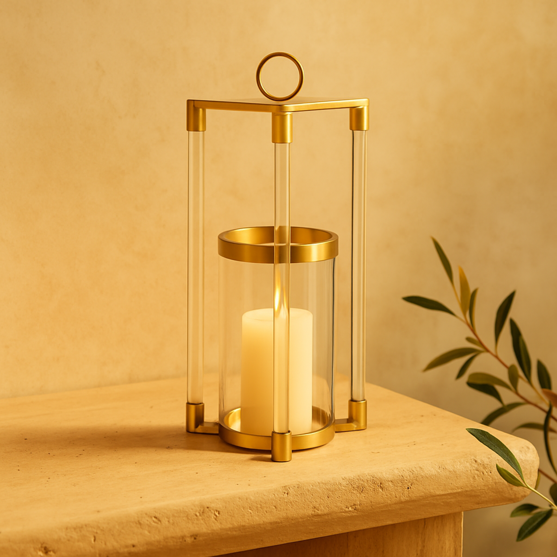 Gold Stainless Steel Metal Decorative Indoor Outdoor Candle Lantern with Acrylic Accents