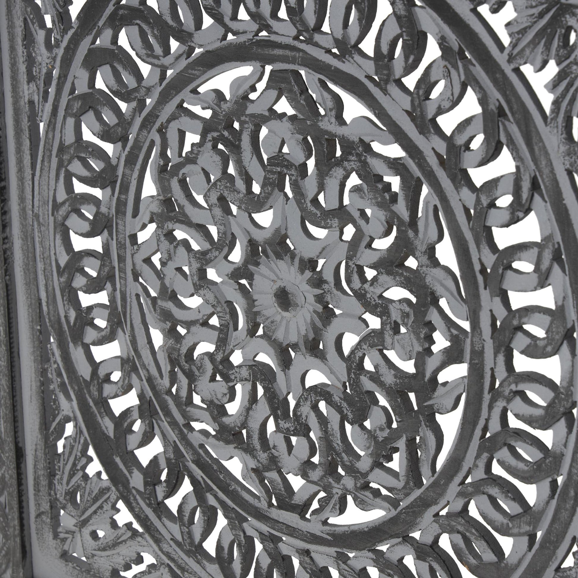Floral Black Wood Handmade Foldable Partition 3 Panel Partition Room Divider Screen with Carved Designs